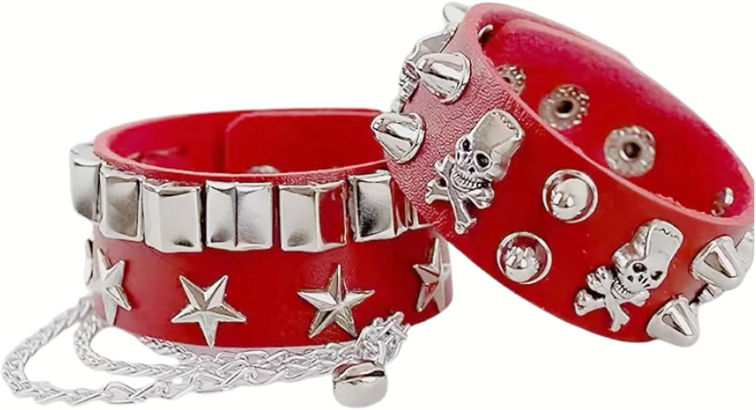 2-Piece Punk Rock Bracelet Set Studded Leather Cuff Bracelets with Metal Skull Adjustable Wrap Wrist Cuffs Vintage 80s Emo Goth Jewelry Accessories for Halloween Concerts and Festival Outfit - Image 1