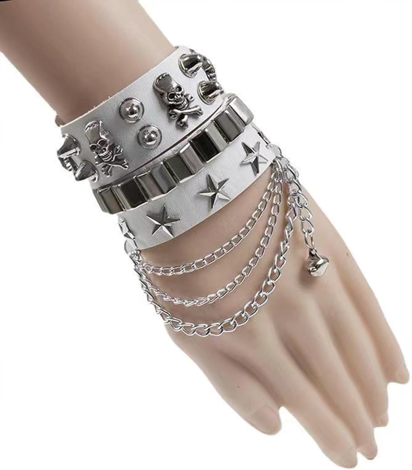 2-Piece Punk Rock Bracelet Set Studded Leather Cuff Bracelets with Metal Skull Adjustable Wrap Wrist Cuffs Vintage 80s Emo Goth Jewelry Accessories for Halloween Concerts and Festival Outfit - Image 4