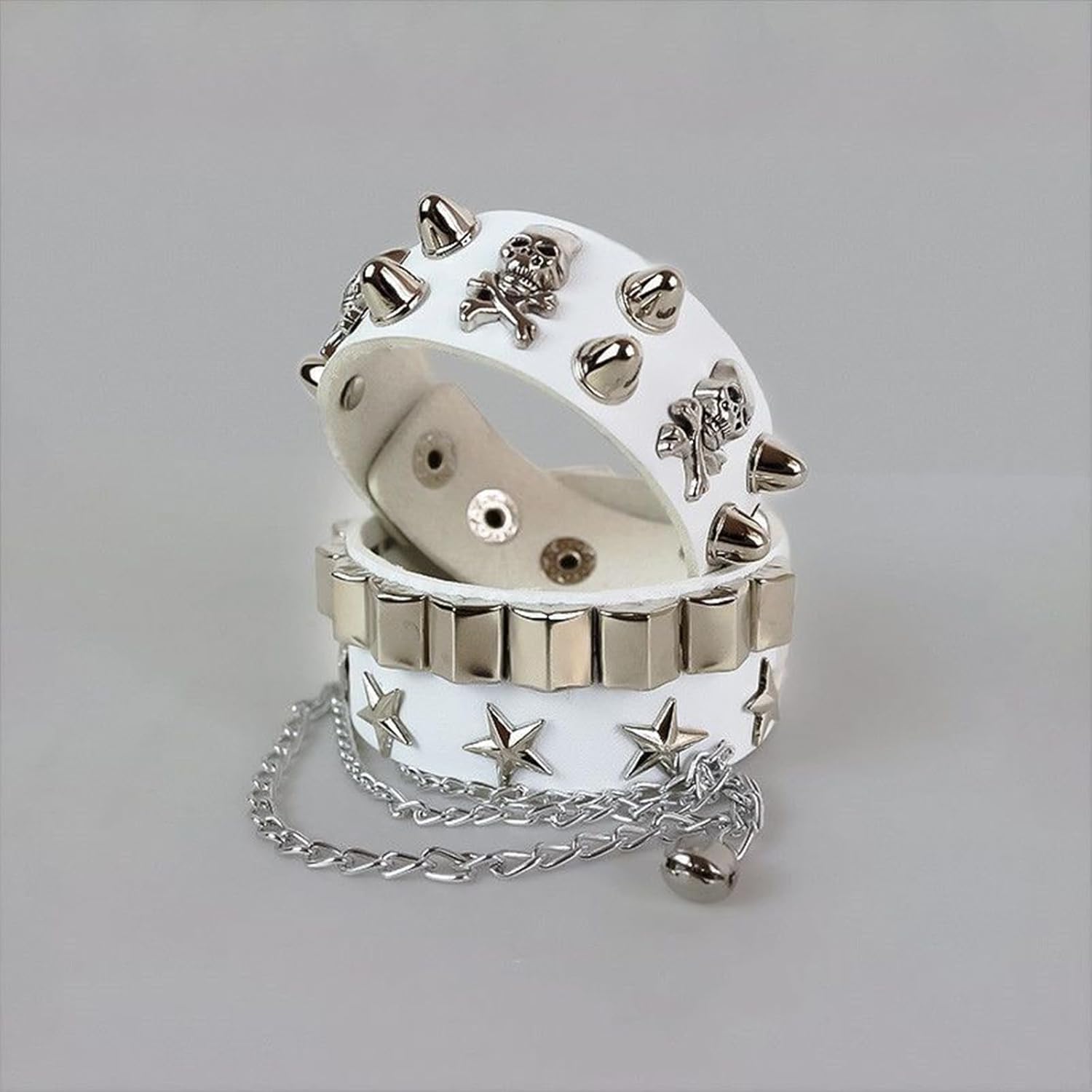 2-Piece Punk Rock Bracelet Set Studded Leather Cuff Bracelets with Metal Skull Adjustable Wrap Wrist Cuffs Vintage 80s Emo Goth Jewelry Accessories for Halloween Concerts and Festival Outfit - Image 5