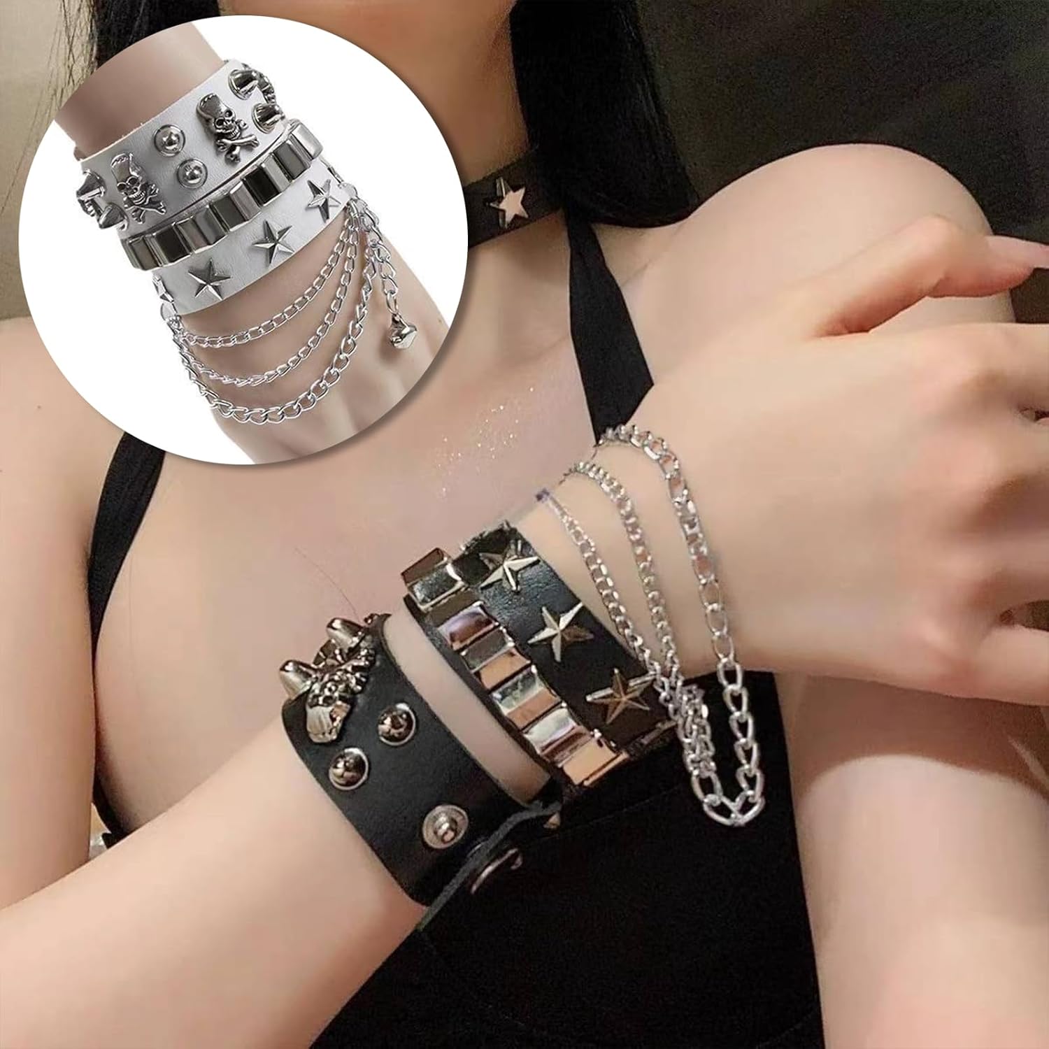 2-Piece Punk Rock Bracelet Set Studded Leather Cuff Bracelets with Metal Skull Adjustable Wrap Wrist Cuffs Vintage 80s Emo Goth Jewelry Accessories for Halloween Concerts and Festival Outfit - Image 7