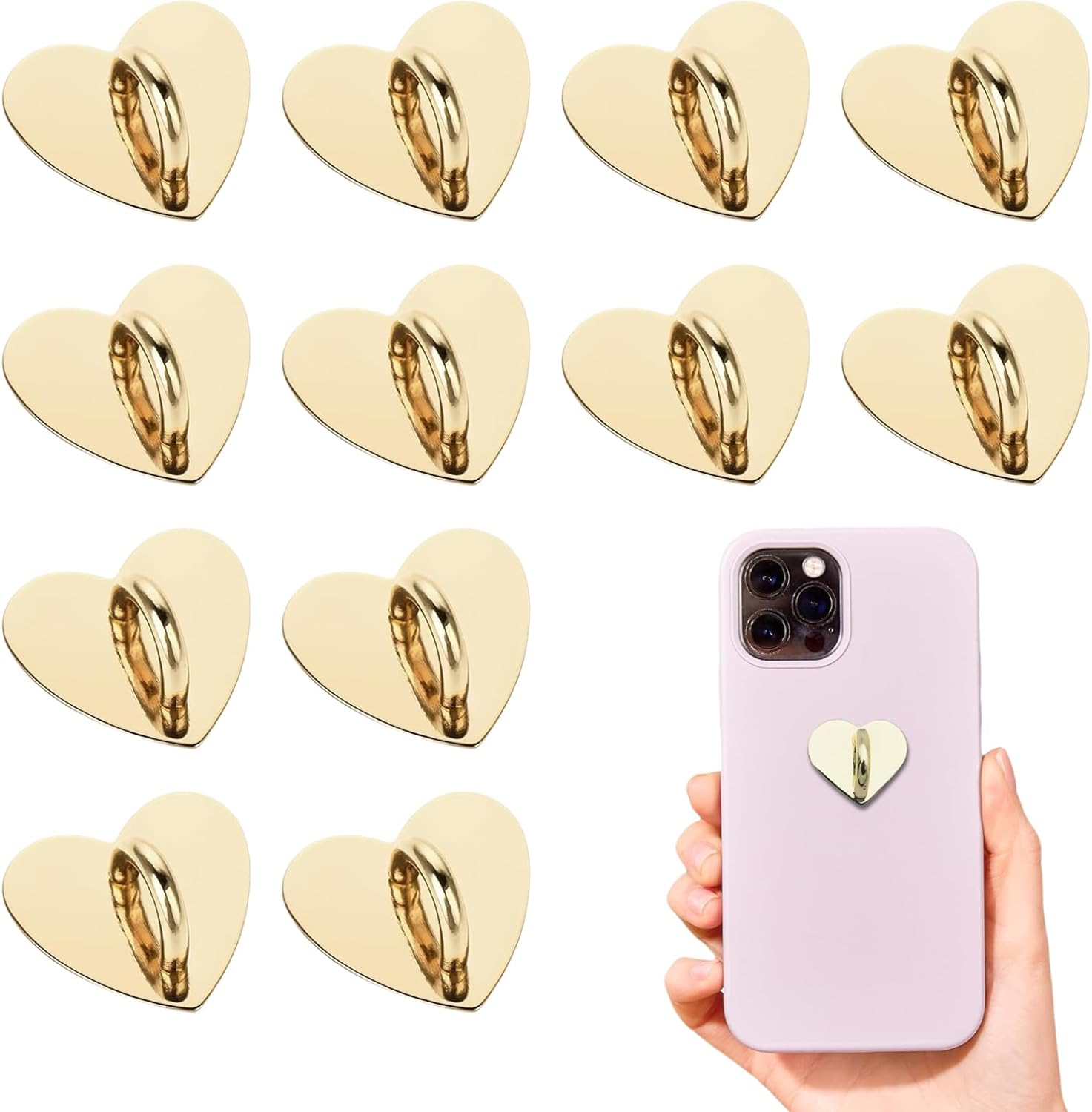 12 Pcs Phone Charm Hook Heart-Shaped Universal Adhesive Metal Hook Phone Keychain Hook Surface Plating Heart Cell Phone Ring Holder Suitable for Cell Phone Case Tablet DIY Hanging Accessories (Gold) - Image 1