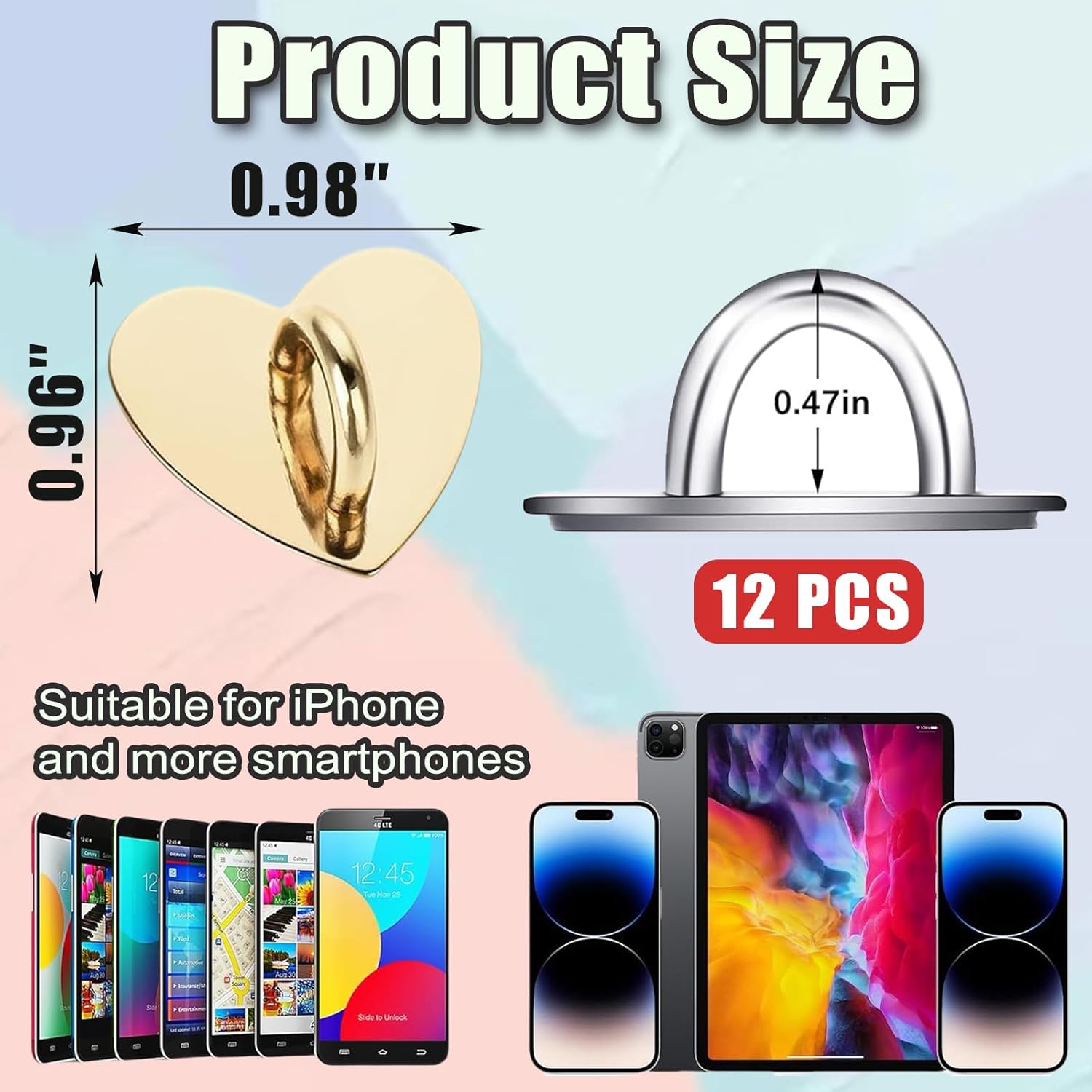 12 Pcs Phone Charm Hook Heart-Shaped Universal Adhesive Metal Hook Phone Keychain Hook Surface Plating Heart Cell Phone Ring Holder Suitable for Cell Phone Case Tablet DIY Hanging Accessories (Gold) - Image 2