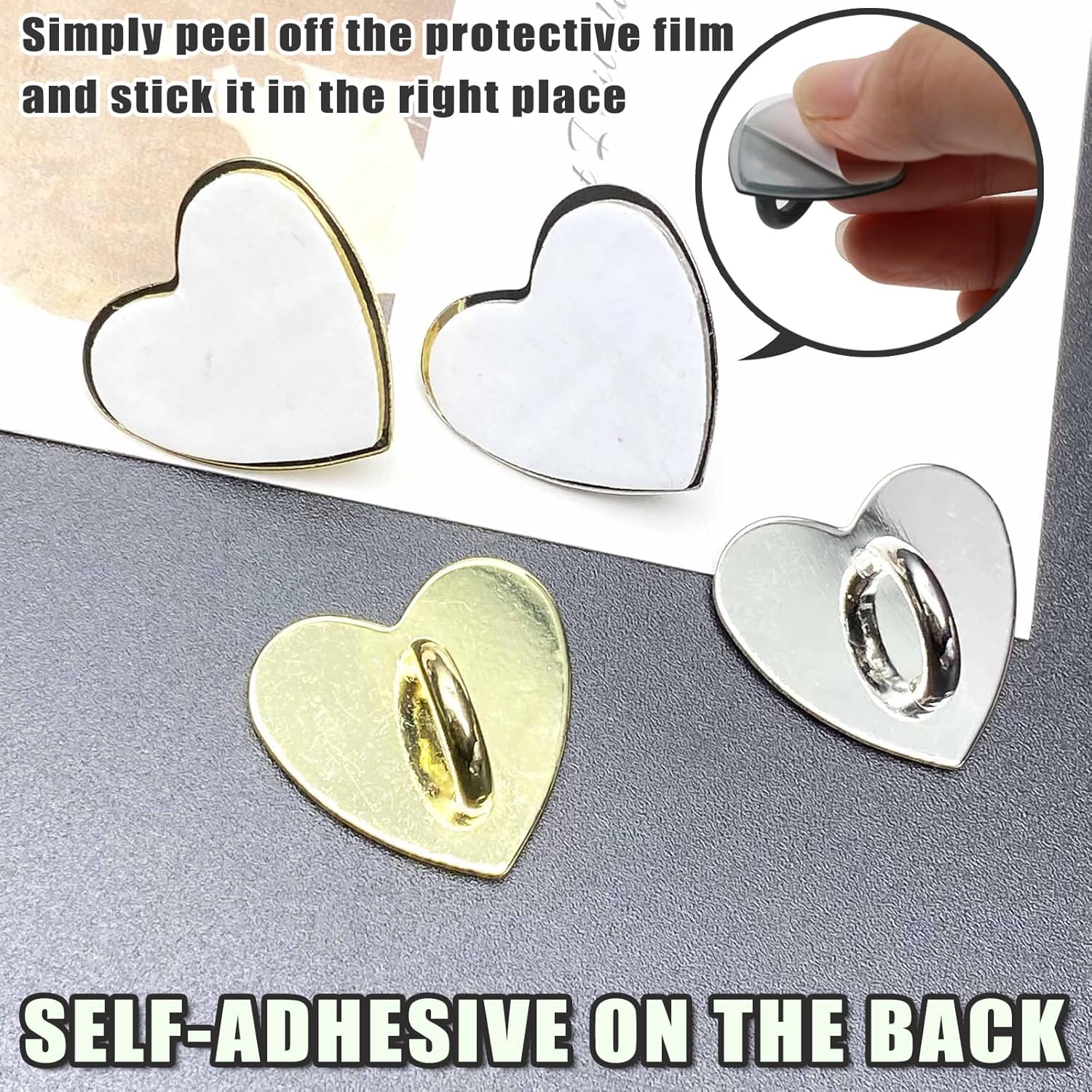 12 Pcs Phone Charm Hook Heart-Shaped Universal Adhesive Metal Hook Phone Keychain Hook Surface Plating Heart Cell Phone Ring Holder Suitable for Cell Phone Case Tablet DIY Hanging Accessories (Gold) - Image 3