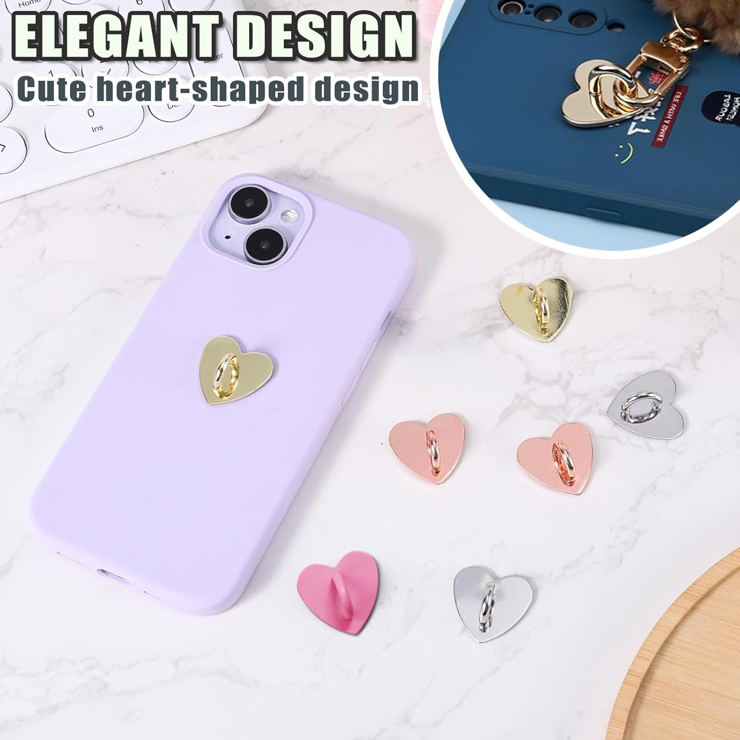 12 Pcs Phone Charm Hook Heart-Shaped Universal Adhesive Metal Hook Phone Keychain Hook Surface Plating Heart Cell Phone Ring Holder Suitable for Cell Phone Case Tablet DIY Hanging Accessories (Gold) - Image 4