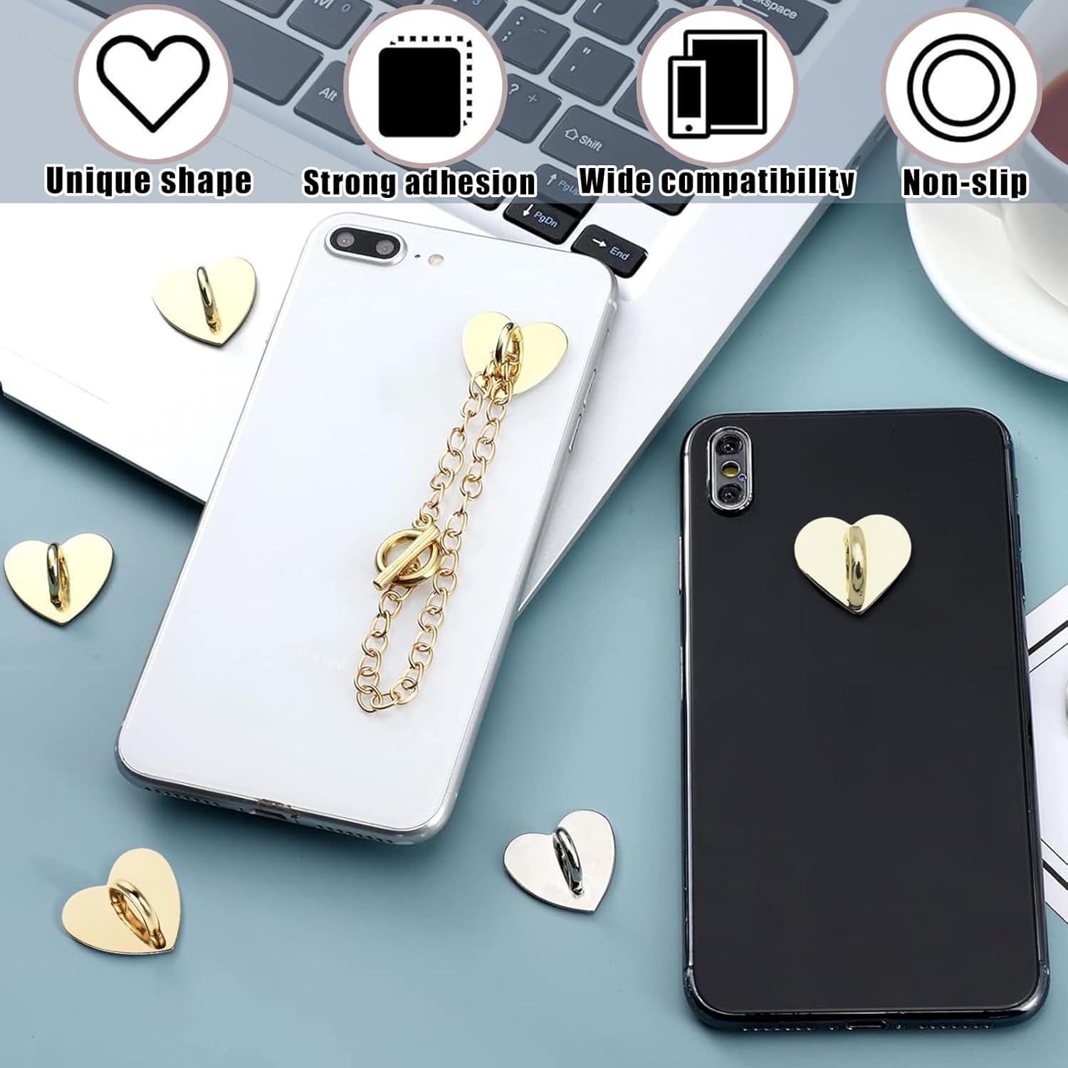 12 Pcs Phone Charm Hook Heart-Shaped Universal Adhesive Metal Hook Phone Keychain Hook Surface Plating Heart Cell Phone Ring Holder Suitable for Cell Phone Case Tablet DIY Hanging Accessories (Gold) - Image 6