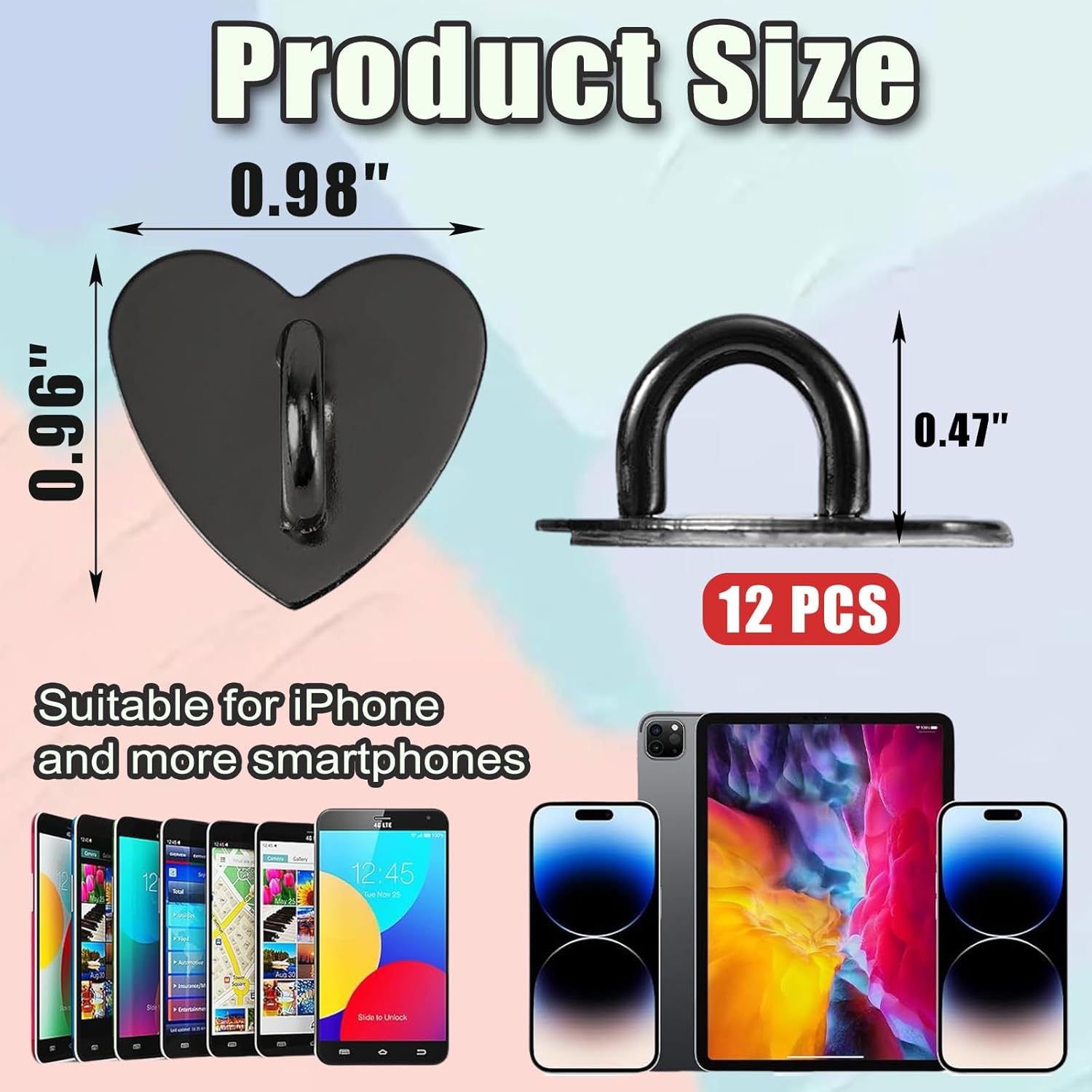 12 Pcs Phone Charm Hook Heart-Shaped Universal Adhesive Metal Hook Phone Keychain Hook Surface Plating Heart Cell Phone Ring Holder Suitable for Cell Phone Case Tablet DIY Hanging Accessories - Image 2
