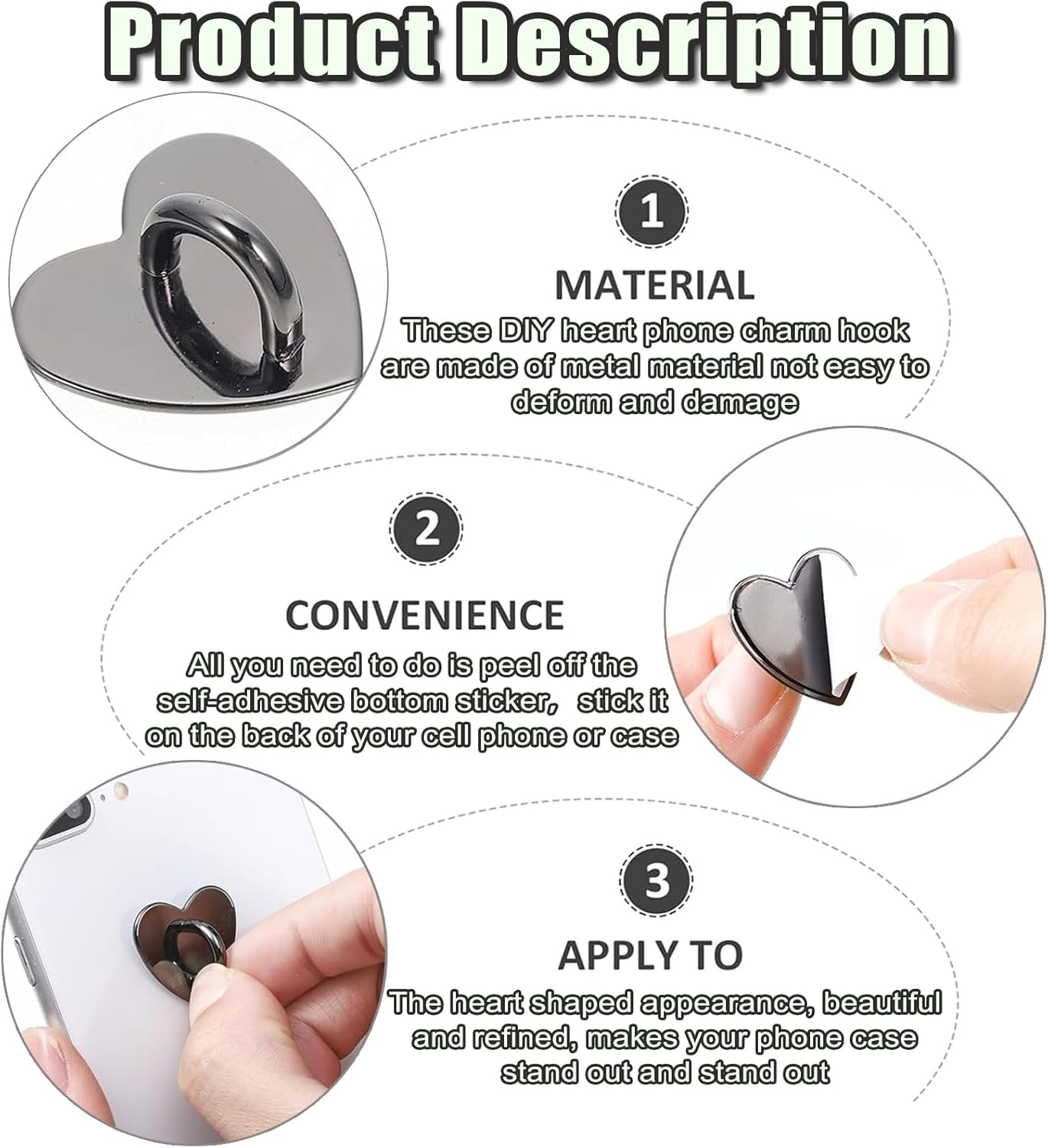 12 Pcs Phone Charm Hook Heart-Shaped Universal Adhesive Metal Hook Phone Keychain Hook Surface Plating Heart Cell Phone Ring Holder Suitable for Cell Phone Case Tablet DIY Hanging Accessories - Image 3