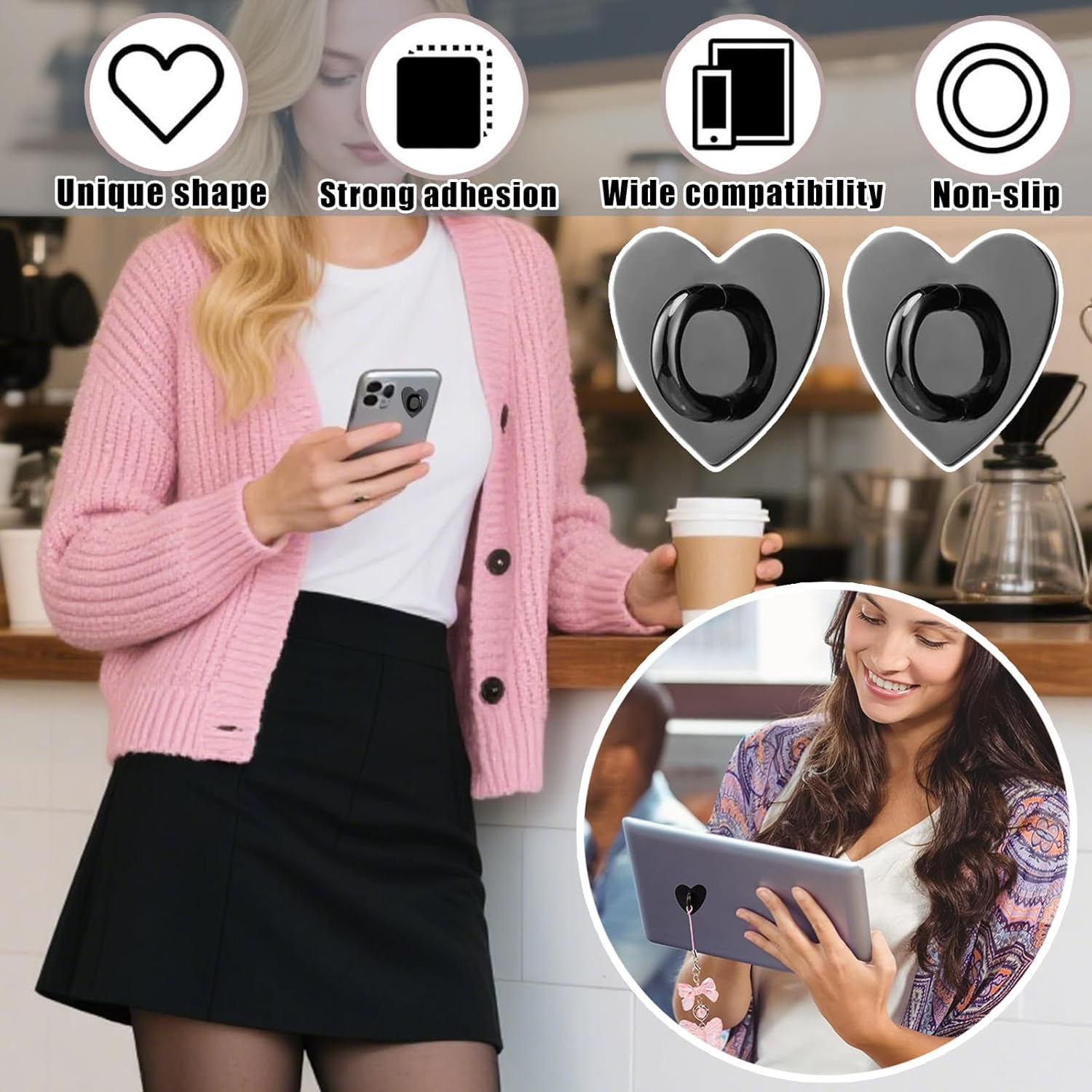 12 Pcs Phone Charm Hook Heart-Shaped Universal Adhesive Metal Hook Phone Keychain Hook Surface Plating Heart Cell Phone Ring Holder Suitable for Cell Phone Case Tablet DIY Hanging Accessories - Image 4