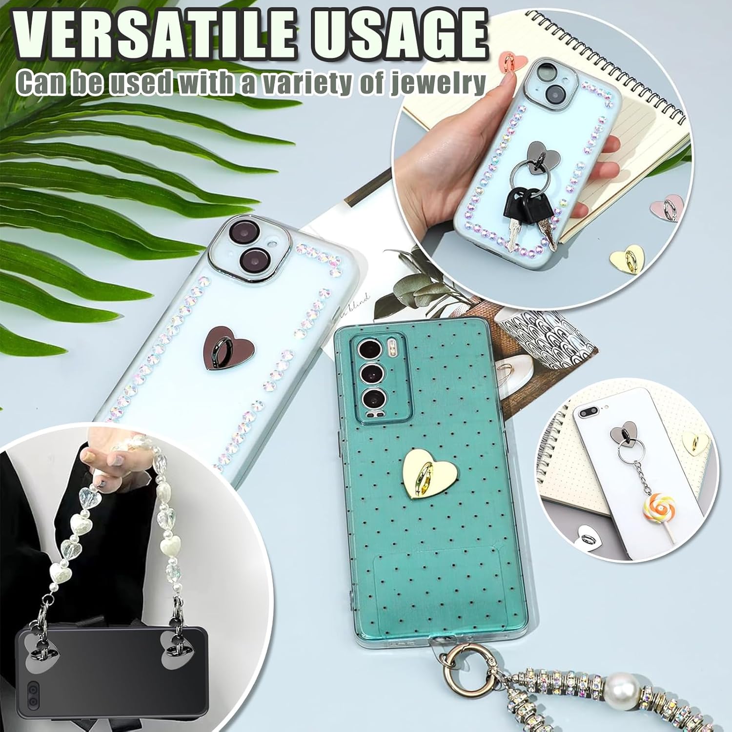 12 Pcs Phone Charm Hook Heart-Shaped Universal Adhesive Metal Hook Phone Keychain Hook Surface Plating Heart Cell Phone Ring Holder Suitable for Cell Phone Case Tablet DIY Hanging Accessories - Image 5