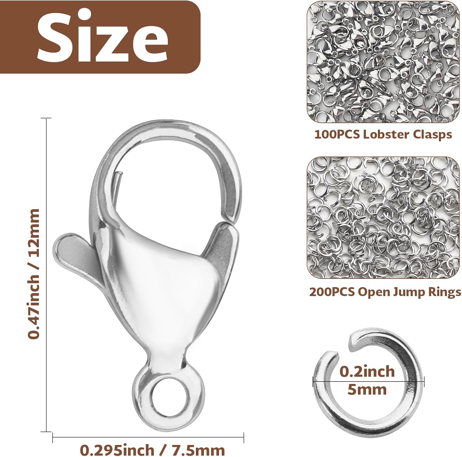 300pcs Stainless Steel Lobster Claw Clasps for Necklace/Bracelet Jewelry Making, 12mmx6mm Jewelry Clasps and Closures, Tarnish-Resistant & Colorfast Lobster Clip Findings & Open Jump Rings Set - Image 2
