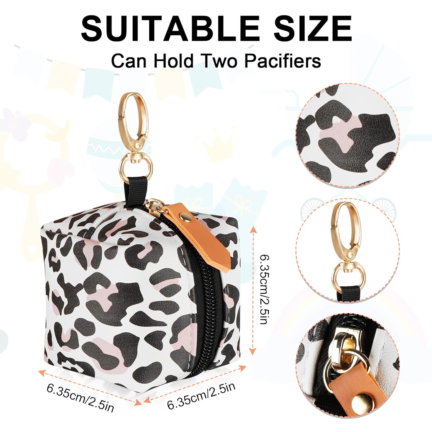 Baby Pacifier Case with Clip, Baby Pacifier Holder Pouch Box for Diaper Bag, Holds 2 Pacifiers for Travel Outdoor Activities, Small Baby Utensils,Black Leopard - Image 3