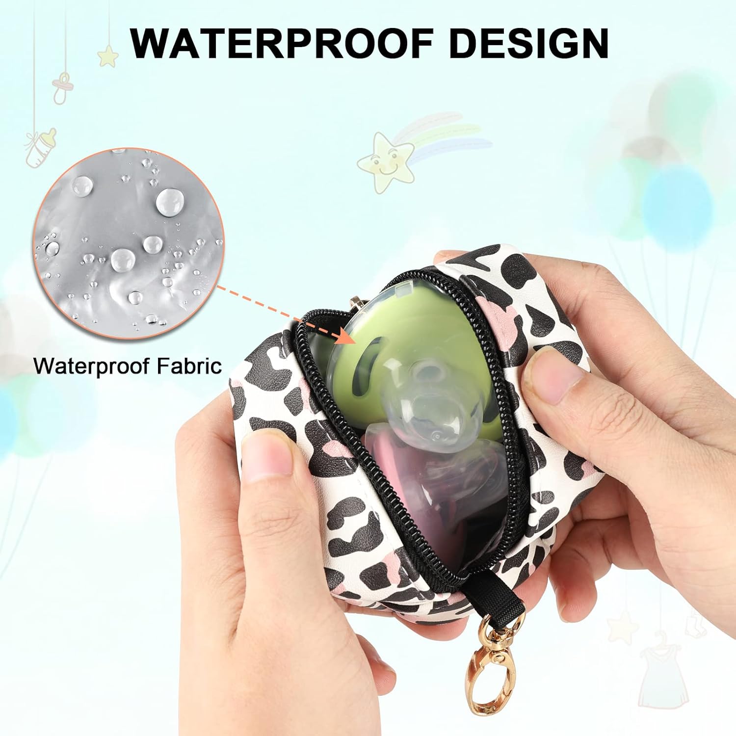 Baby Pacifier Case with Clip, Baby Pacifier Holder Pouch Box for Diaper Bag, Holds 2 Pacifiers for Travel Outdoor Activities, Small Baby Utensils,Black Leopard - Image 4