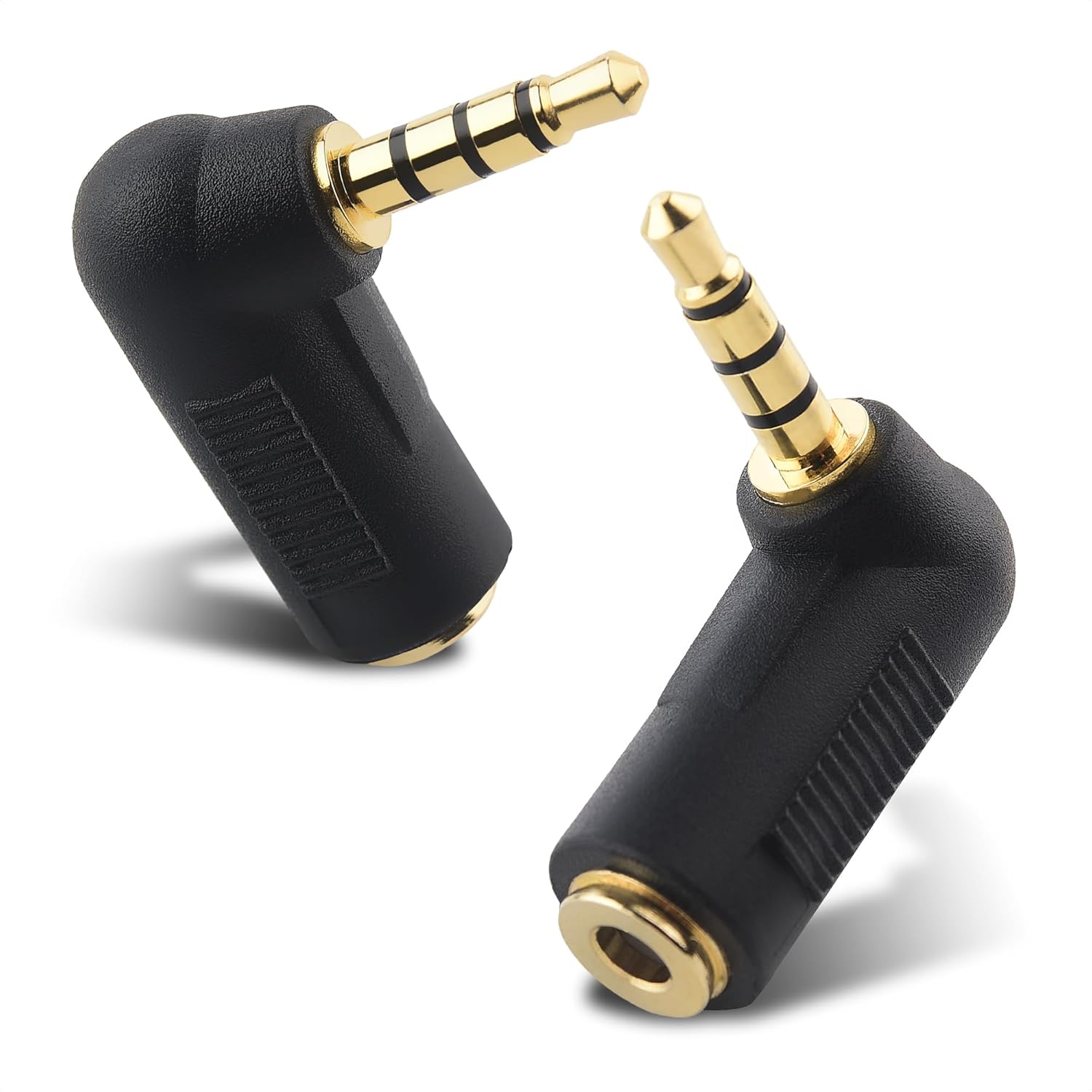 2-Pack TRRS Right Angle 3.5mm Adapter in Black (3.5mm Right Angle Adapter, 90 Degree Audio Converter) - Image 1