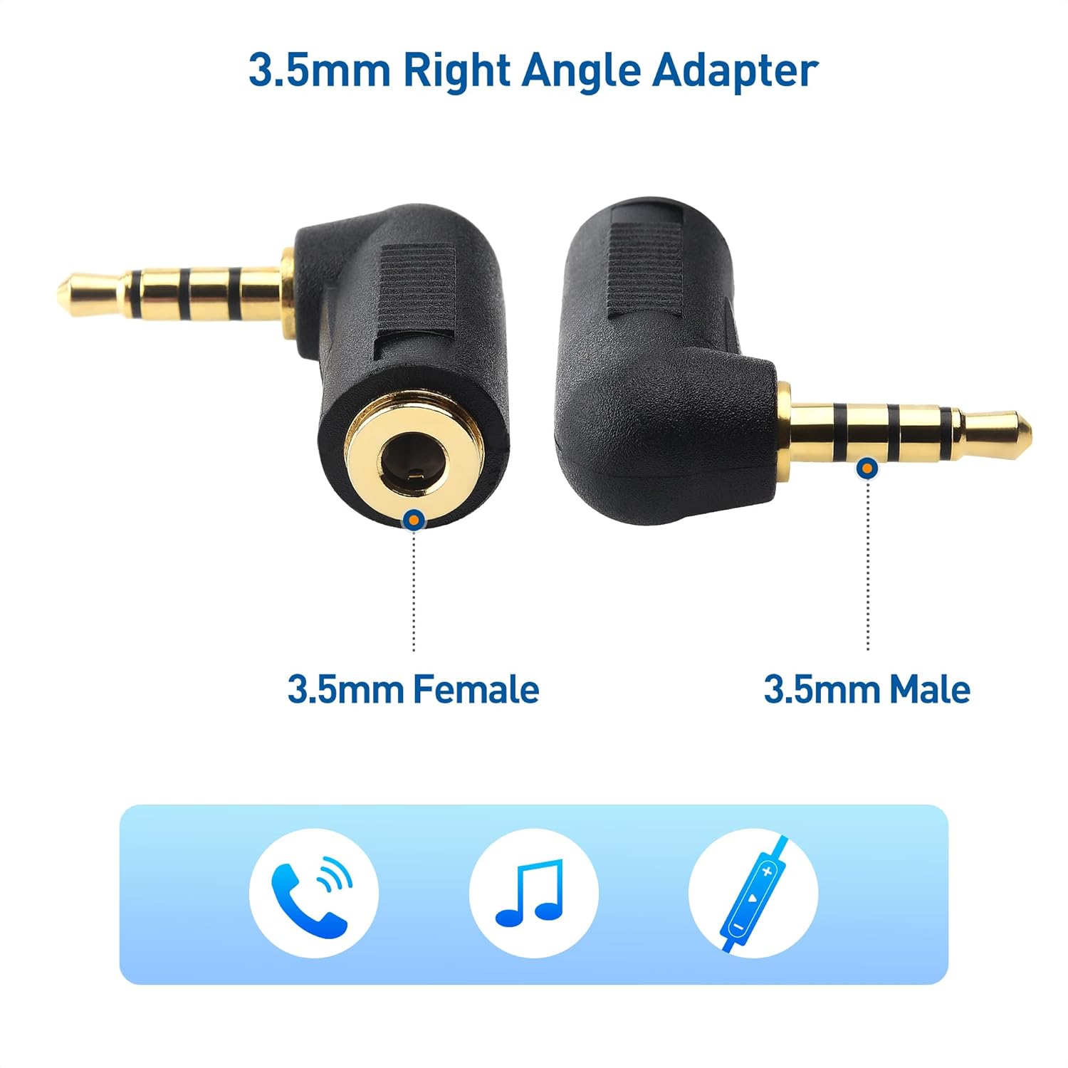 2-Pack TRRS Right Angle 3.5mm Adapter in Black (3.5mm Right Angle Adapter, 90 Degree Audio Converter) - Image 2