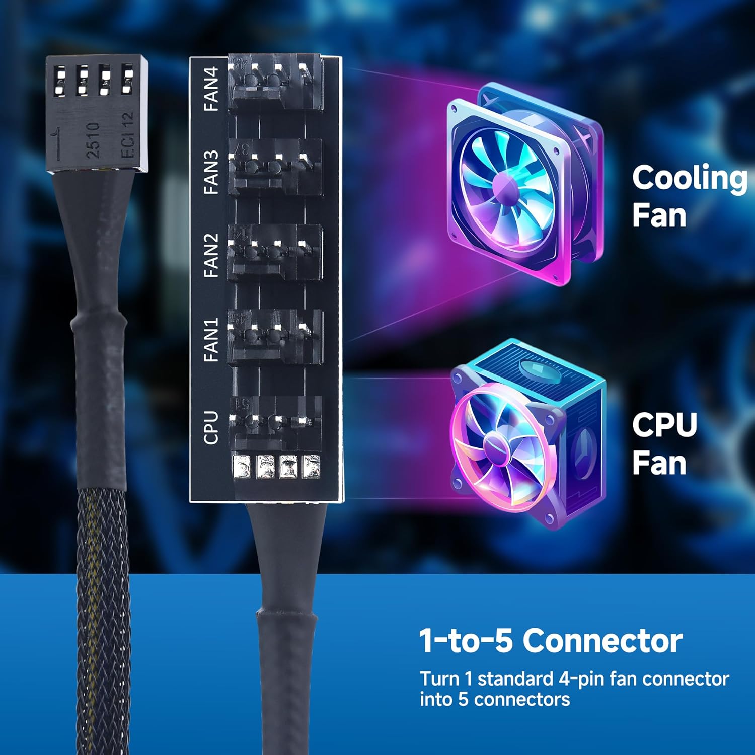 PC Case PWM Fan Hub, PC Fan Hub, 1-to-5 Way PWM Splitter with 16-Inch Cable - Image 4