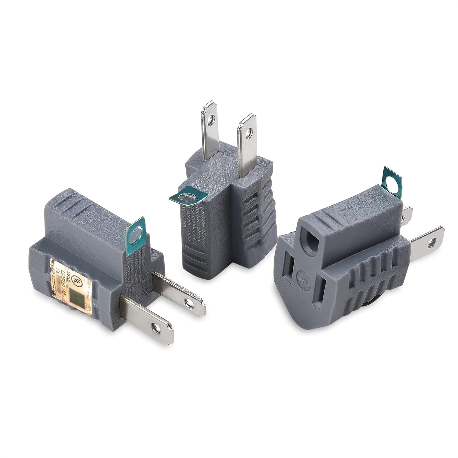 [UL Listed] 3-Pack 2 Prong to 3 Prong Outlet Adapter in Gray, (3Prong to 2Prong Plug Adapter) - Allows a 2Prong Outlet to Accept 3Prong Plugs - Image 1