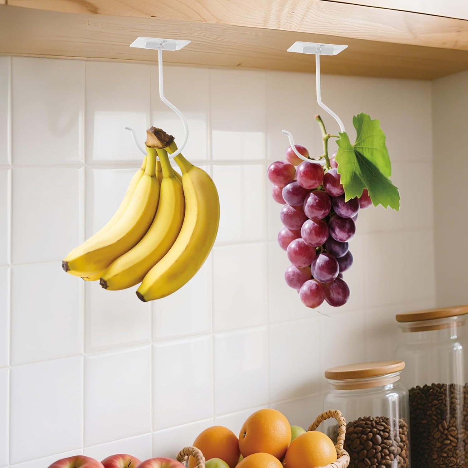 1Pcs White Self-Adhesive Banana Hook, Grape Hook, Kitchen Fruit Hooks, Banana Hanger, Keep Bananas Fresh Under The Cabinet, with Magnetic Absorption Storage Perfect Design - Image 4
