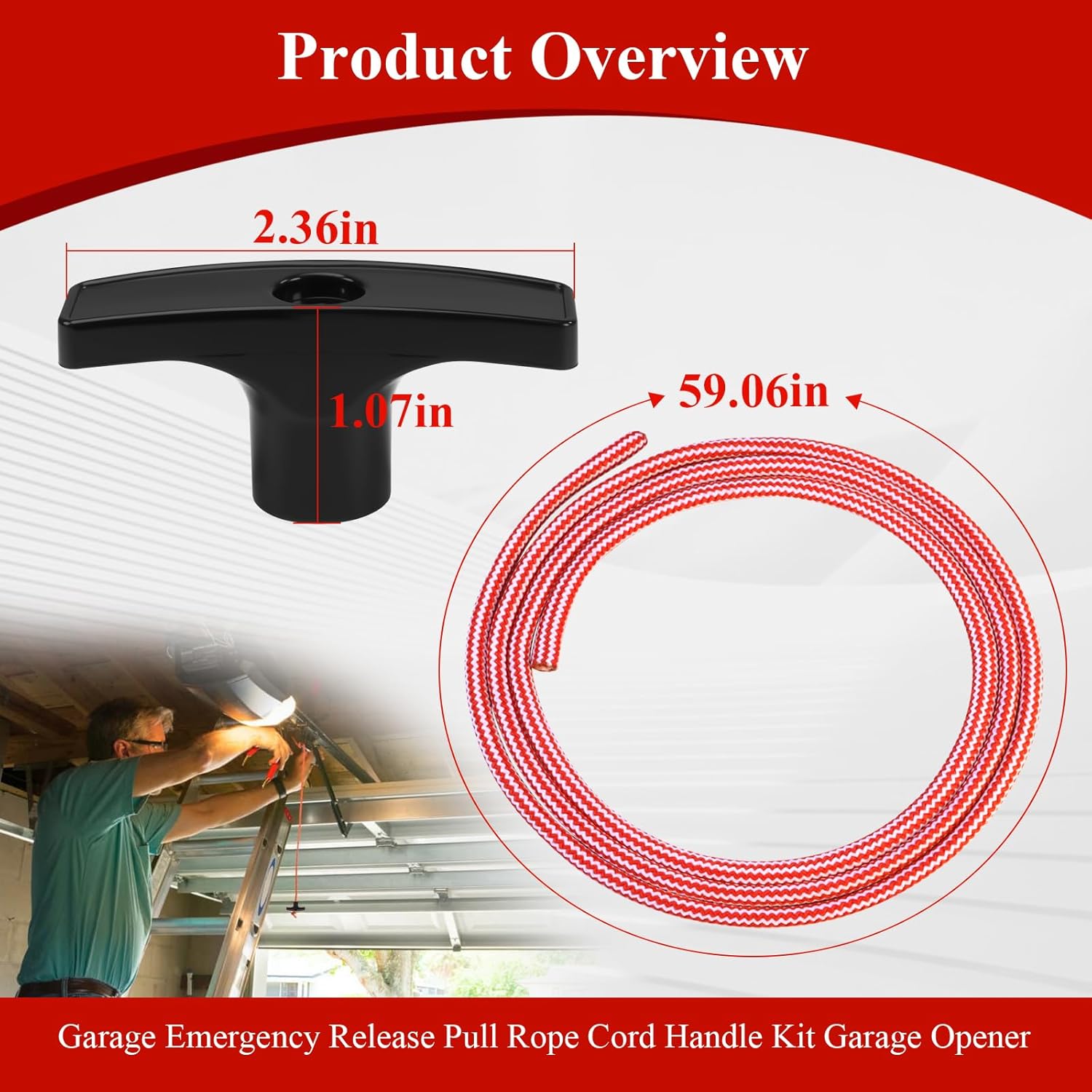 2 Pcs 41A2828 / 041A2828 Rope Handle Kit, Garage Emergency Release Pull Rope Cord Handle Kit, Fit for Chamberlain, Craftsman & LiftMaster Models, Garage Opener, Red White Emergency Pull Rope W/Handle - Image 2