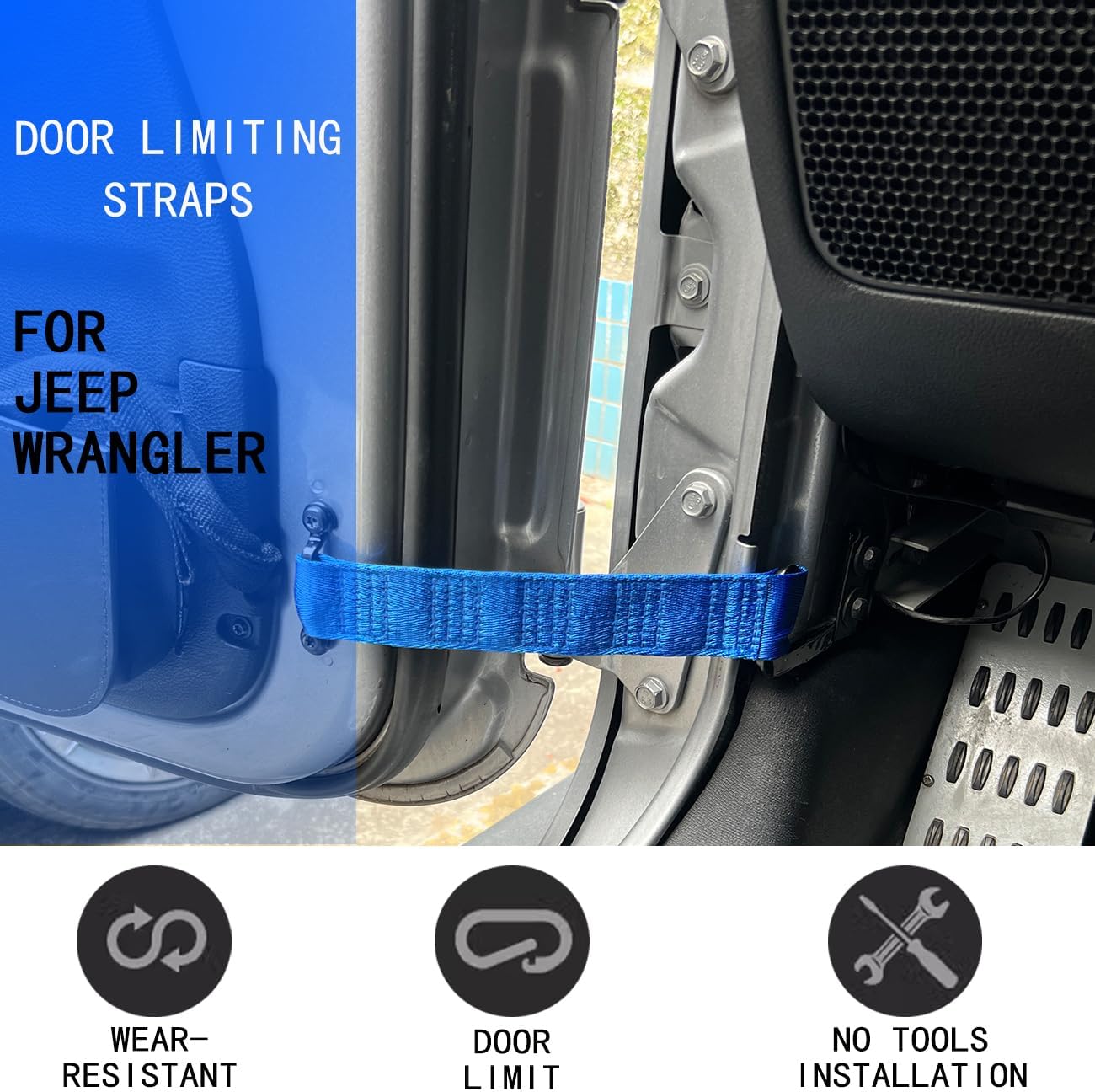 Door Strap for Jeep Wrangler,Adjustable Door Straps for Jeep Wrangler CJ YJ TJ JK JKU JL JLU, Heavy Duty Door Limit Strap,Blue(Pack of 2) - Image 2
