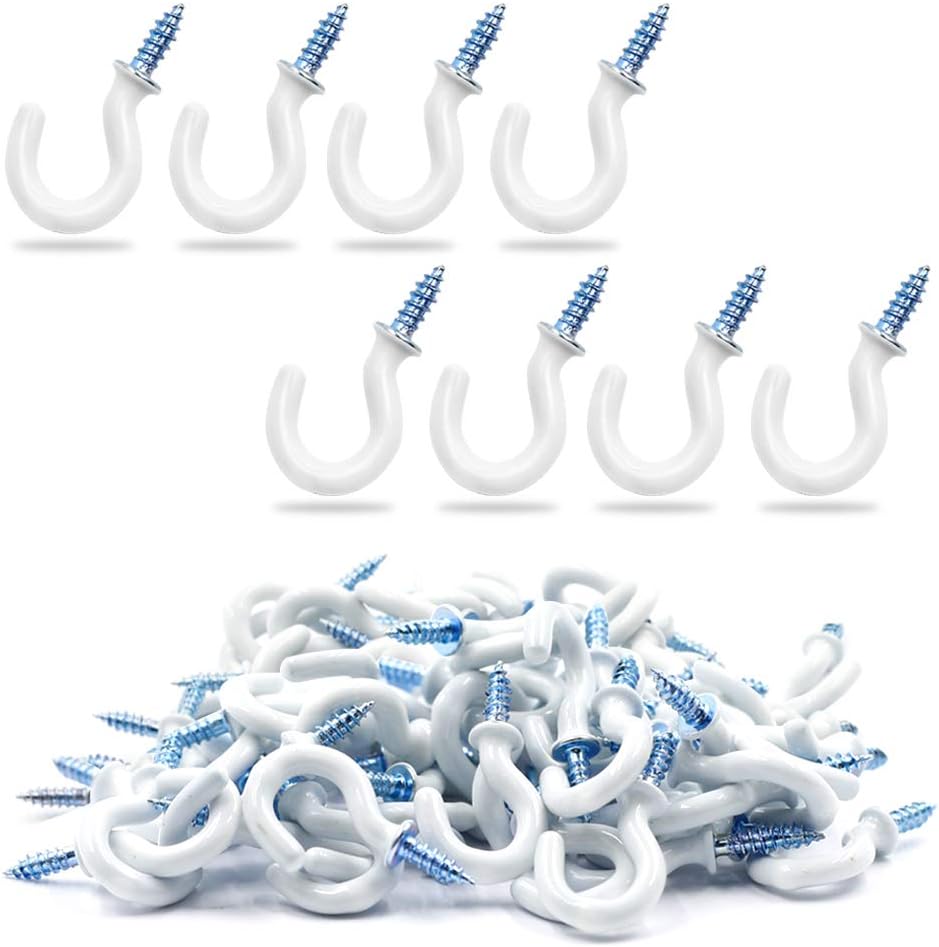 50Pcs 1/2-Inch Cup Hooks Ceiling Hooks, Plastic-Covered Metal Screw-in Hooks, White - Image 1