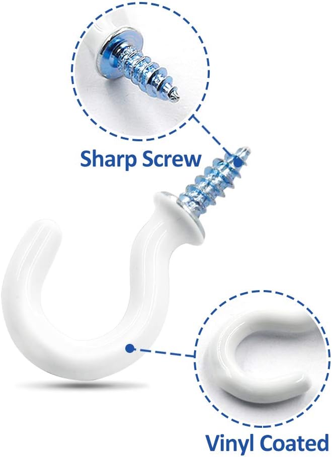 50Pcs 1/2-Inch Cup Hooks Ceiling Hooks, Plastic-Covered Metal Screw-in Hooks, White - Image 3