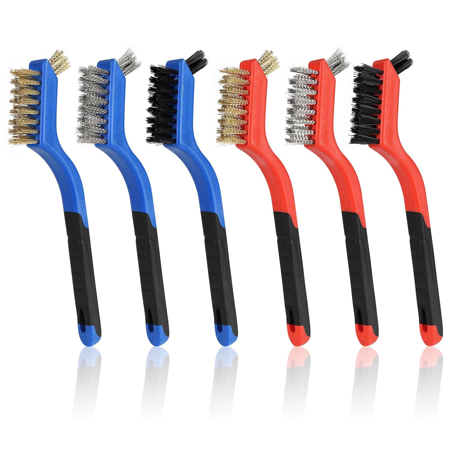 Wire Brush Set 6Pcs, Multi-Purpose Stainless Steel/ Brass/ Nylon Bristle with Curved Handle Grip for Welding Slag Cleaning, Metal Rust Scratching, Paint Scrubbing and Dirt Removal - Image 1