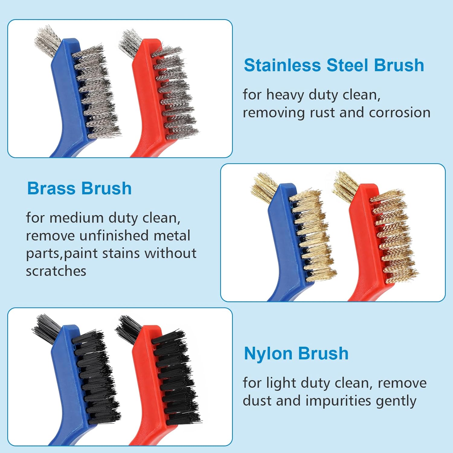 Wire Brush Set 6Pcs, Multi-Purpose Stainless Steel/ Brass/ Nylon Bristle with Curved Handle Grip for Welding Slag Cleaning, Metal Rust Scratching, Paint Scrubbing and Dirt Removal - Image 2