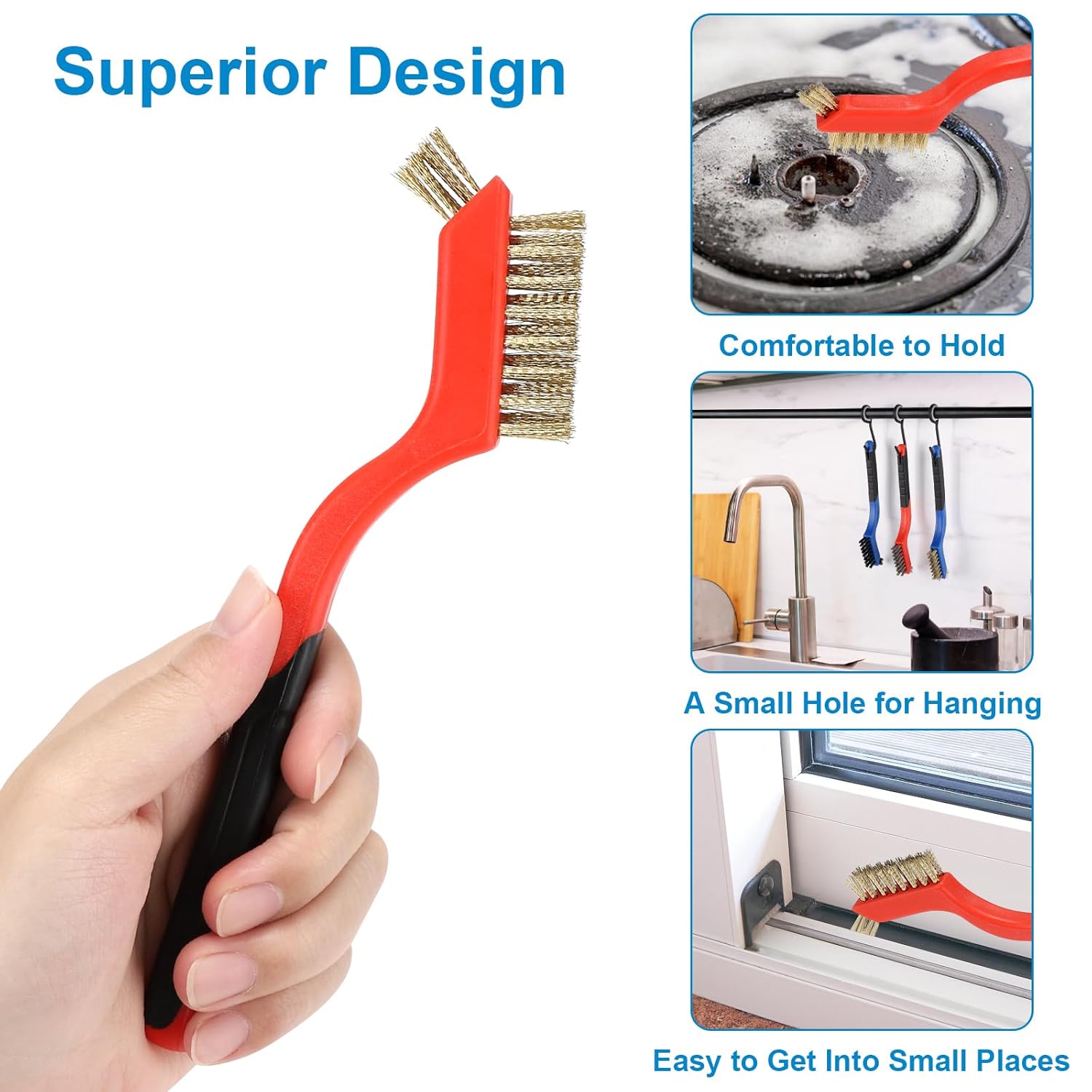 Wire Brush Set 6Pcs, Multi-Purpose Stainless Steel/ Brass/ Nylon Bristle with Curved Handle Grip for Welding Slag Cleaning, Metal Rust Scratching, Paint Scrubbing and Dirt Removal - Image 4