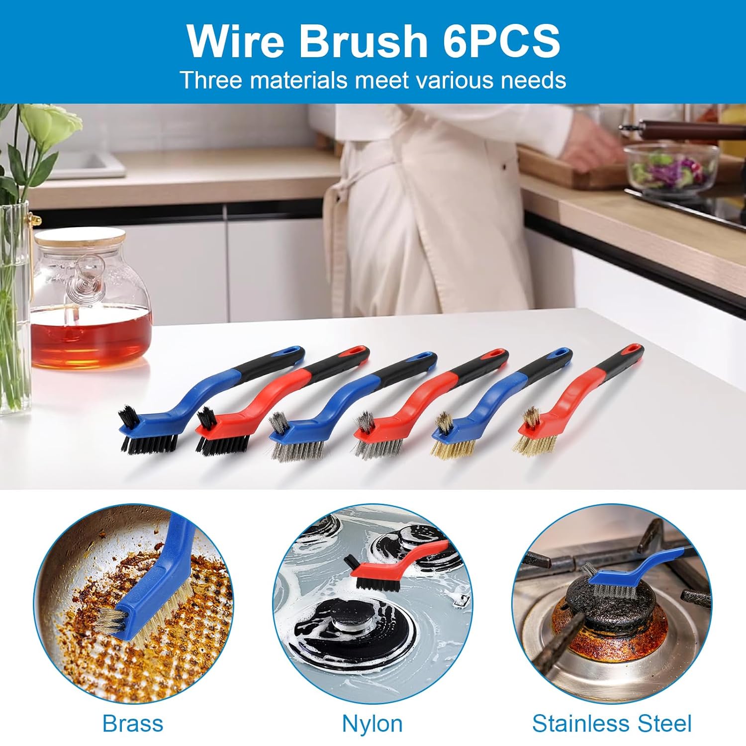Wire Brush Set 6Pcs, Multi-Purpose Stainless Steel/ Brass/ Nylon Bristle with Curved Handle Grip for Welding Slag Cleaning, Metal Rust Scratching, Paint Scrubbing and Dirt Removal - Image 5