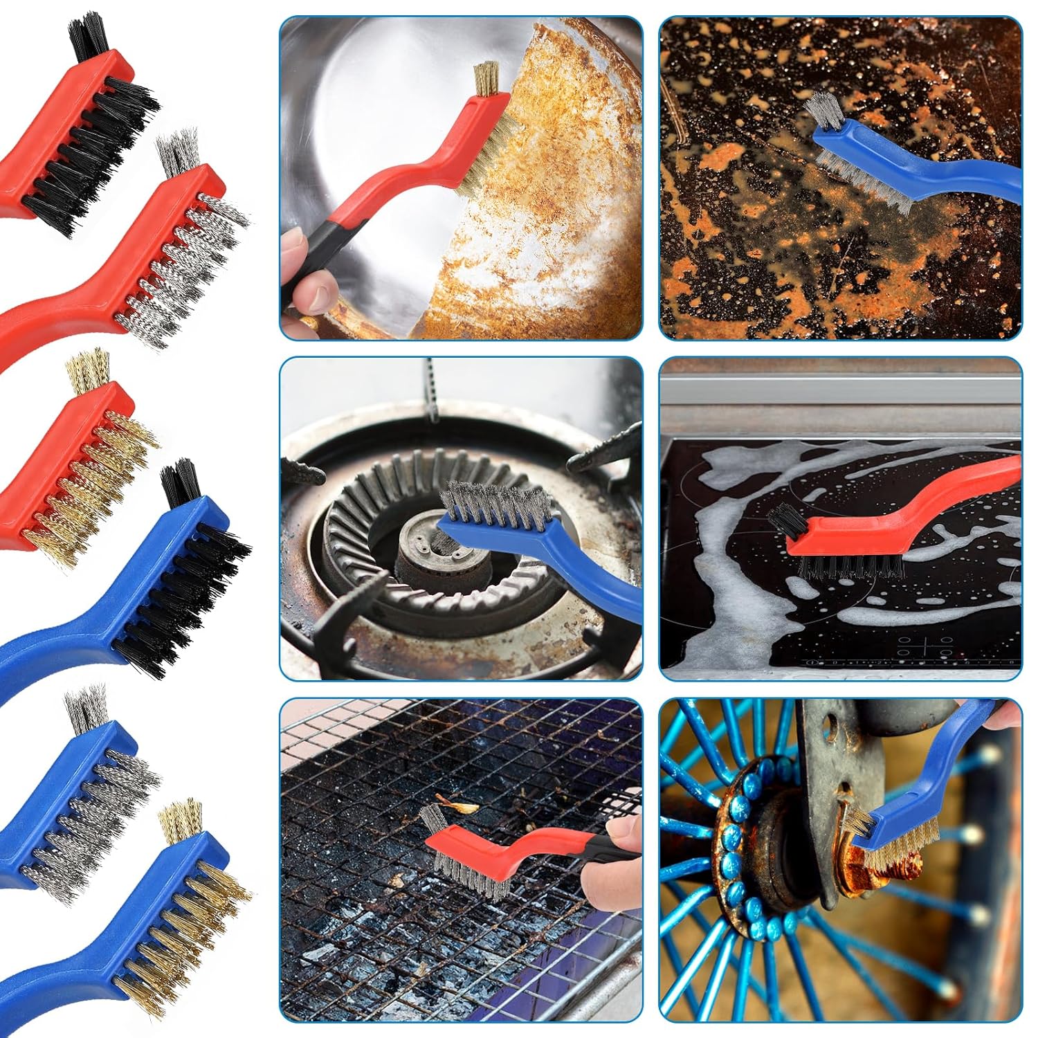 Wire Brush Set 6Pcs, Multi-Purpose Stainless Steel/ Brass/ Nylon Bristle with Curved Handle Grip for Welding Slag Cleaning, Metal Rust Scratching, Paint Scrubbing and Dirt Removal - Image 6