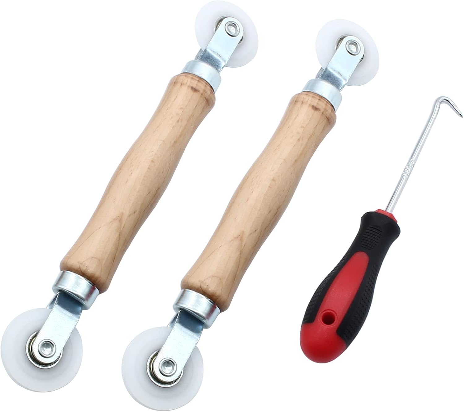3 Pcs Window Door Screen Repair Kit, Screen Spline Roller Tool with Wooden Handle & Nylon Bearing Wheels and Removal Hook - Image 1