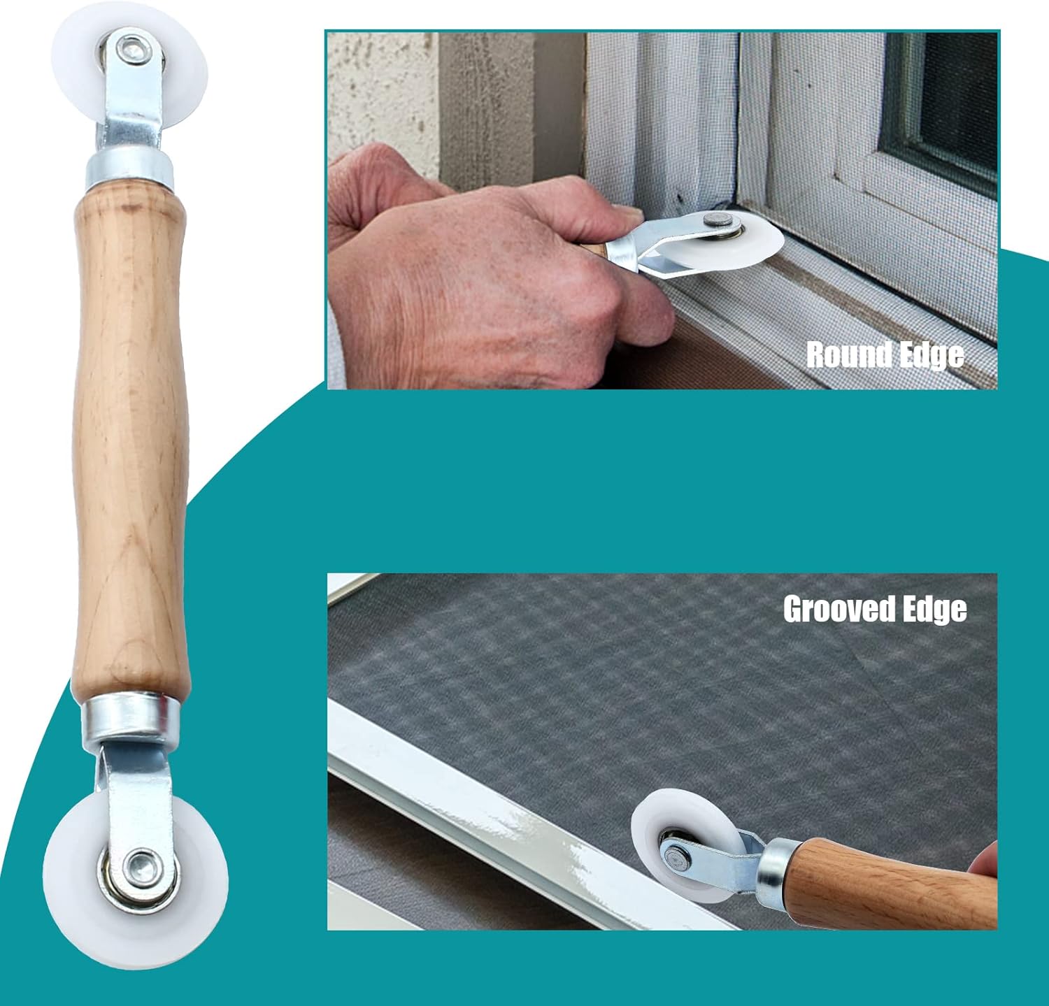 3 Pcs Window Door Screen Repair Kit, Screen Spline Roller Tool with Wooden Handle & Nylon Bearing Wheels and Removal Hook - Image 2