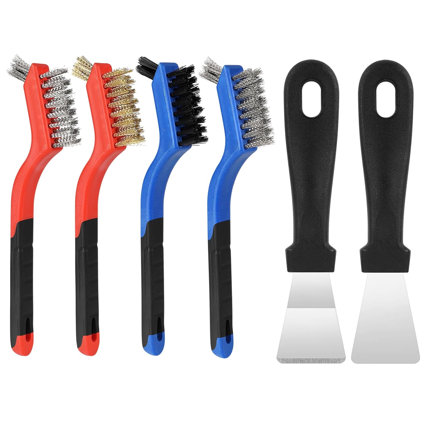 Wire Brush with Scraper Cleaner, Multi-Purpose Stainless Steel/Brass/Nylon Bristle with Curved Handle Grip for Welding Slag Cleaning, Metal Rust Scratching, Paint Scrubbing and Dirt Removal - Image 1