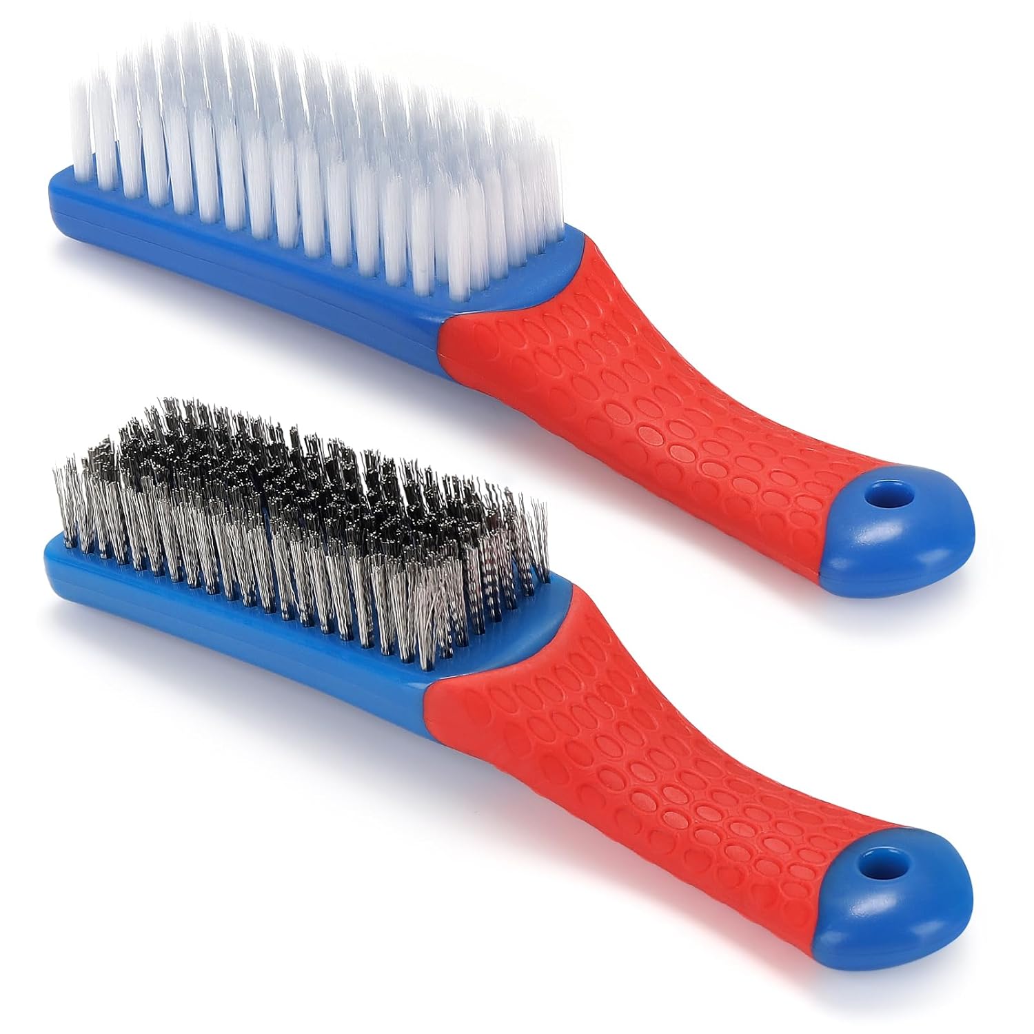 Wire Brush 2 Pack, Multi-Purpose Stainless Steel Scratch Bristle & Nylon Abrasive Brush Set for Cleaning Heavy Duty Metal Rust, Scrubbing Dirt & Paint Removal with Rubber Covered Curved Handle - Image 1