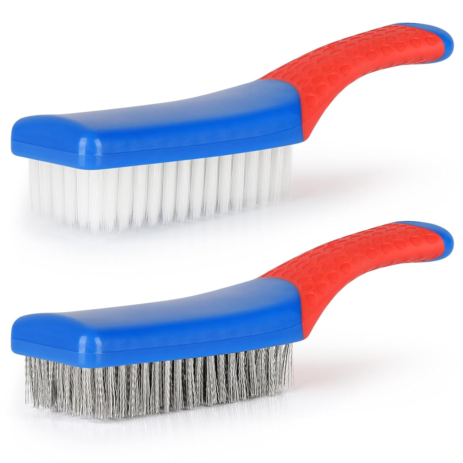 Wire Brush 2 Pack, Multi-Purpose Stainless Steel Scratch Bristle & Nylon Abrasive Brush Set for Cleaning Heavy Duty Metal Rust, Scrubbing Dirt & Paint Removal with Rubber Covered Curved Handle - Image 2