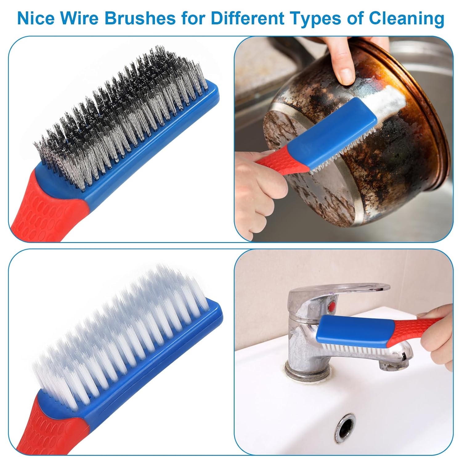 Wire Brush 2 Pack, Multi-Purpose Stainless Steel Scratch Bristle & Nylon Abrasive Brush Set for Cleaning Heavy Duty Metal Rust, Scrubbing Dirt & Paint Removal with Rubber Covered Curved Handle - Image 4