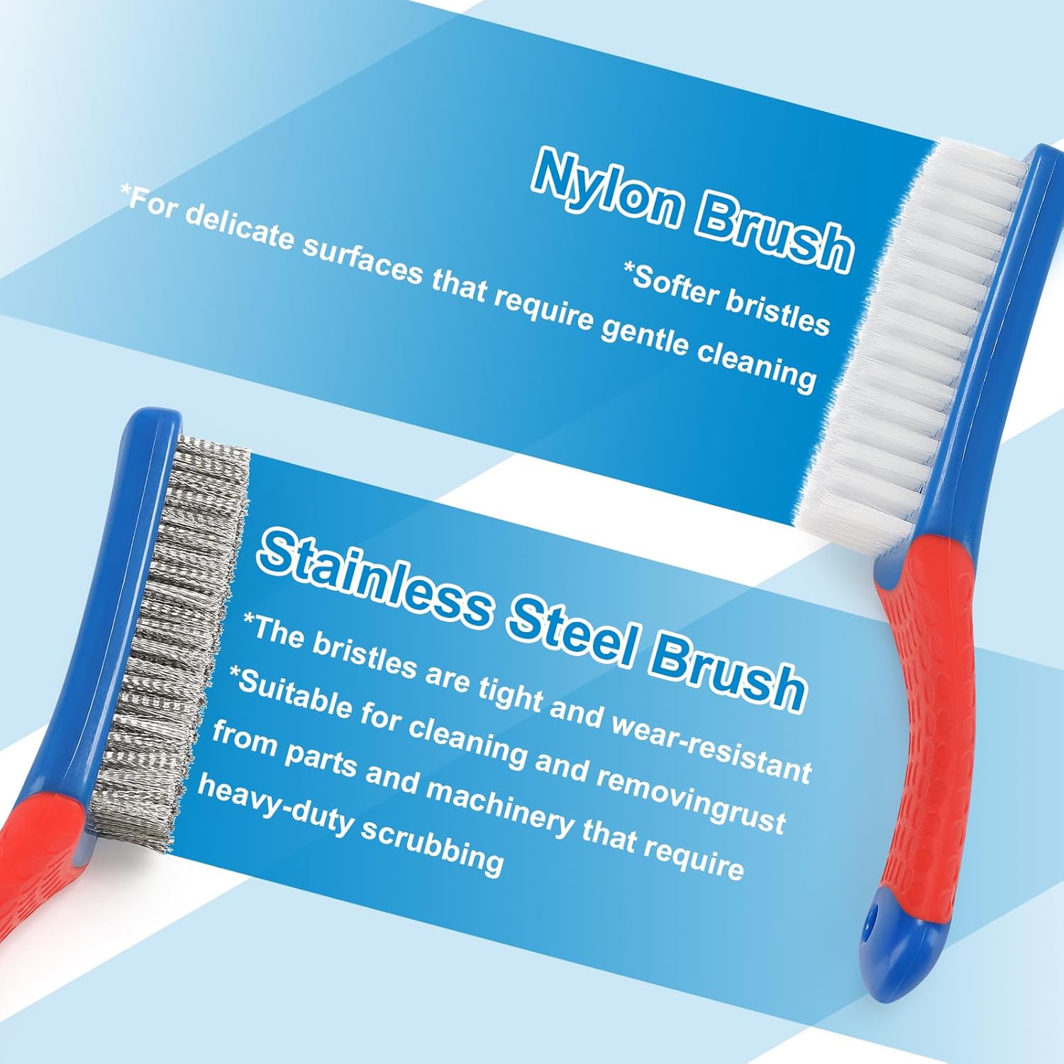 Wire Brush 2 Pack, Multi-Purpose Stainless Steel Scratch Bristle & Nylon Abrasive Brush Set for Cleaning Heavy Duty Metal Rust, Scrubbing Dirt & Paint Removal with Rubber Covered Curved Handle - Image 5