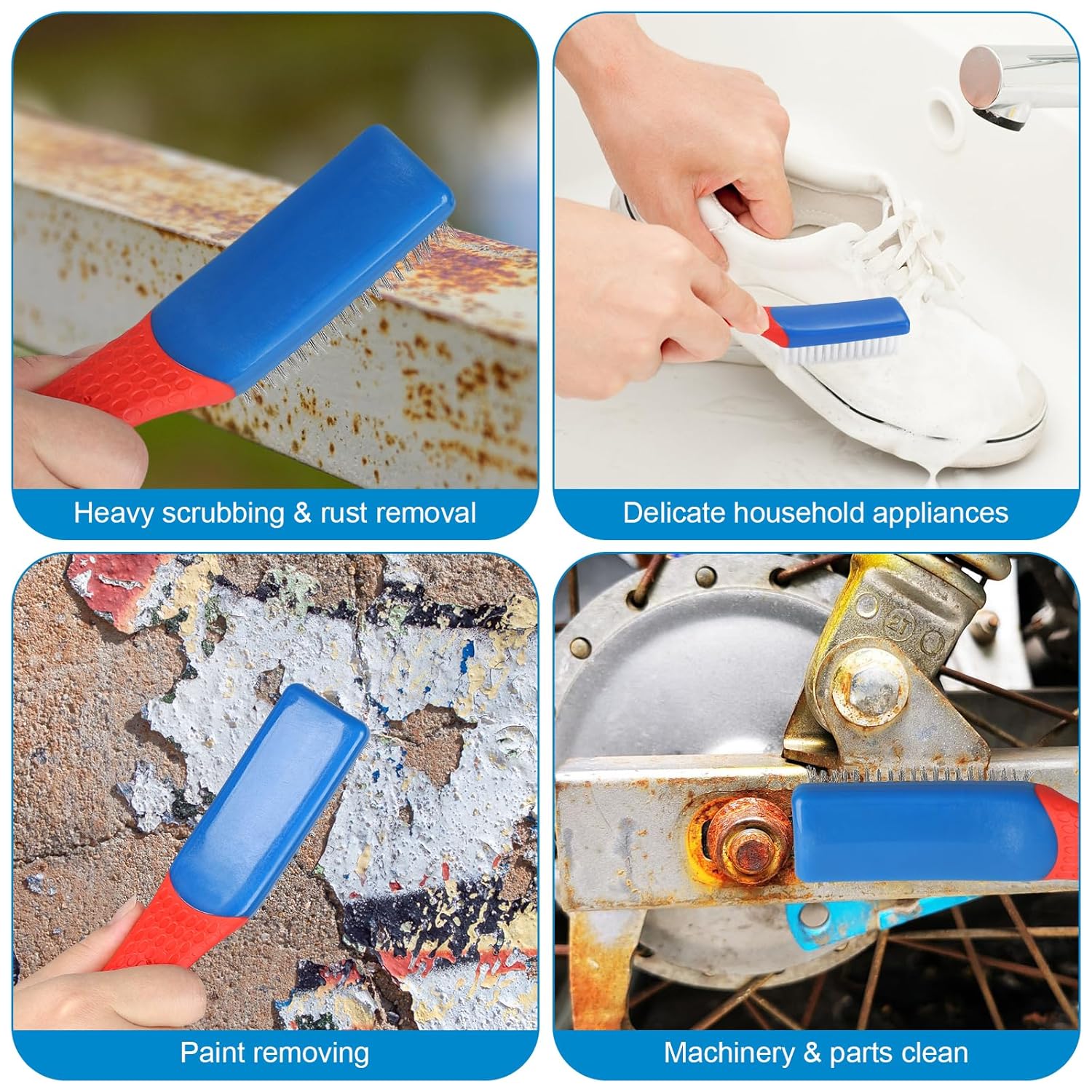 Wire Brush 2 Pack, Multi-Purpose Stainless Steel Scratch Bristle & Nylon Abrasive Brush Set for Cleaning Heavy Duty Metal Rust, Scrubbing Dirt & Paint Removal with Rubber Covered Curved Handle - Image 7