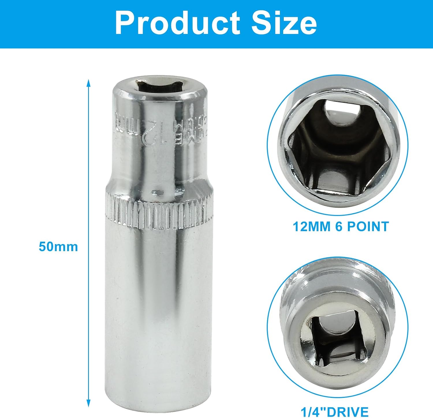 1/4-Inch Drive × 12mm Deep Shallow Socket, 6 Point Shallow Socket, Cr-V, Standard, Metric, 2Pcs - Image 2