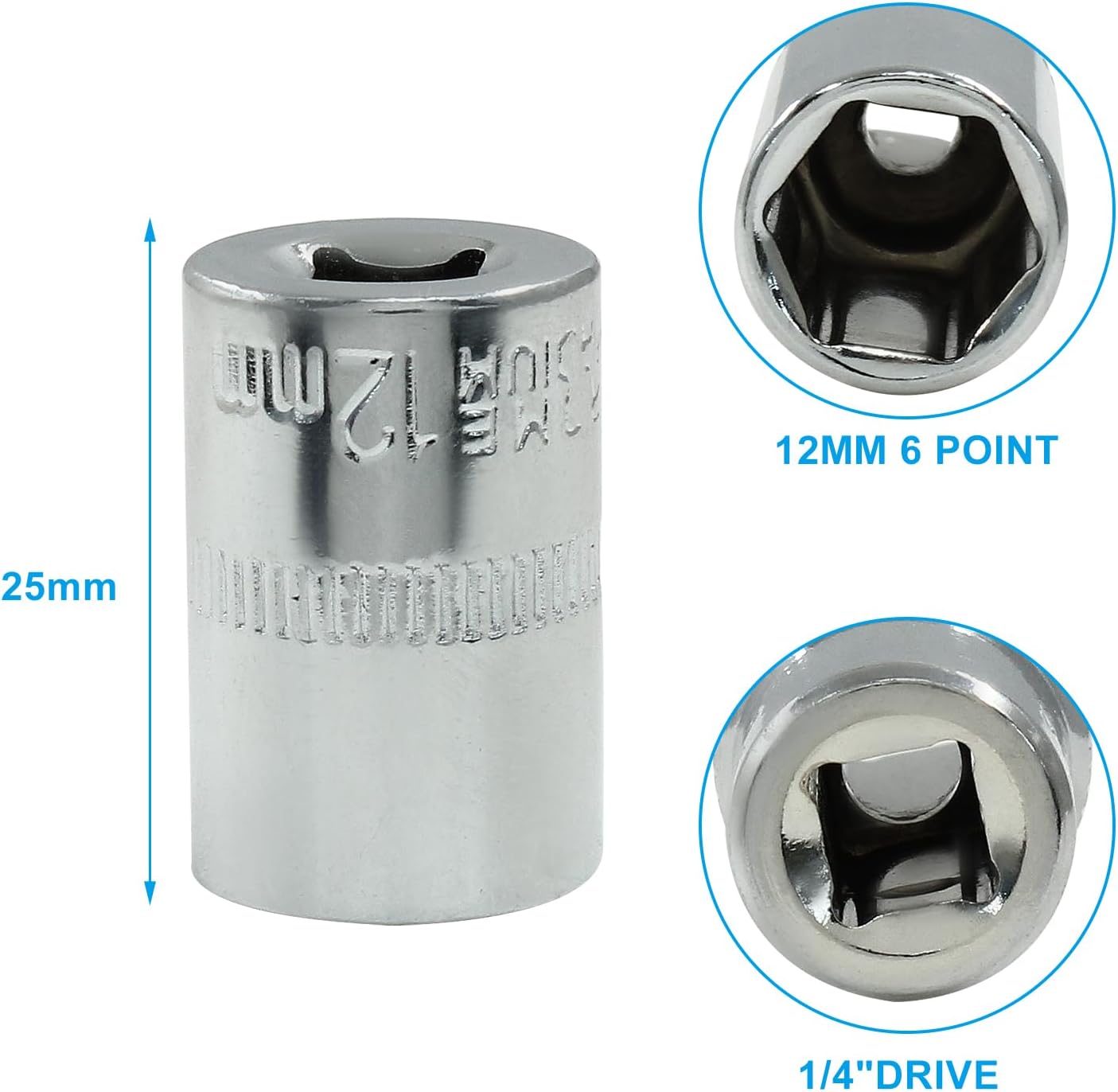 1/4-Inch Drive × 12mm Deep Shallow Socket, 6 Point Shallow Socket, Cr-V, Standard, Metric, 2Pcs - Image 3