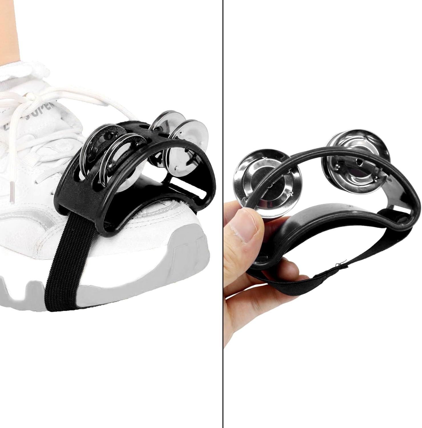 2 PCS Foot Tambourine Percussion Musical Foot Tambourine Pedal Steel Jingle Bells, Percussion Instrument Foot Shaker Adjustable, Steel Jingle Bells for Drum & Guitar Playing/Adults, Black - Image 4