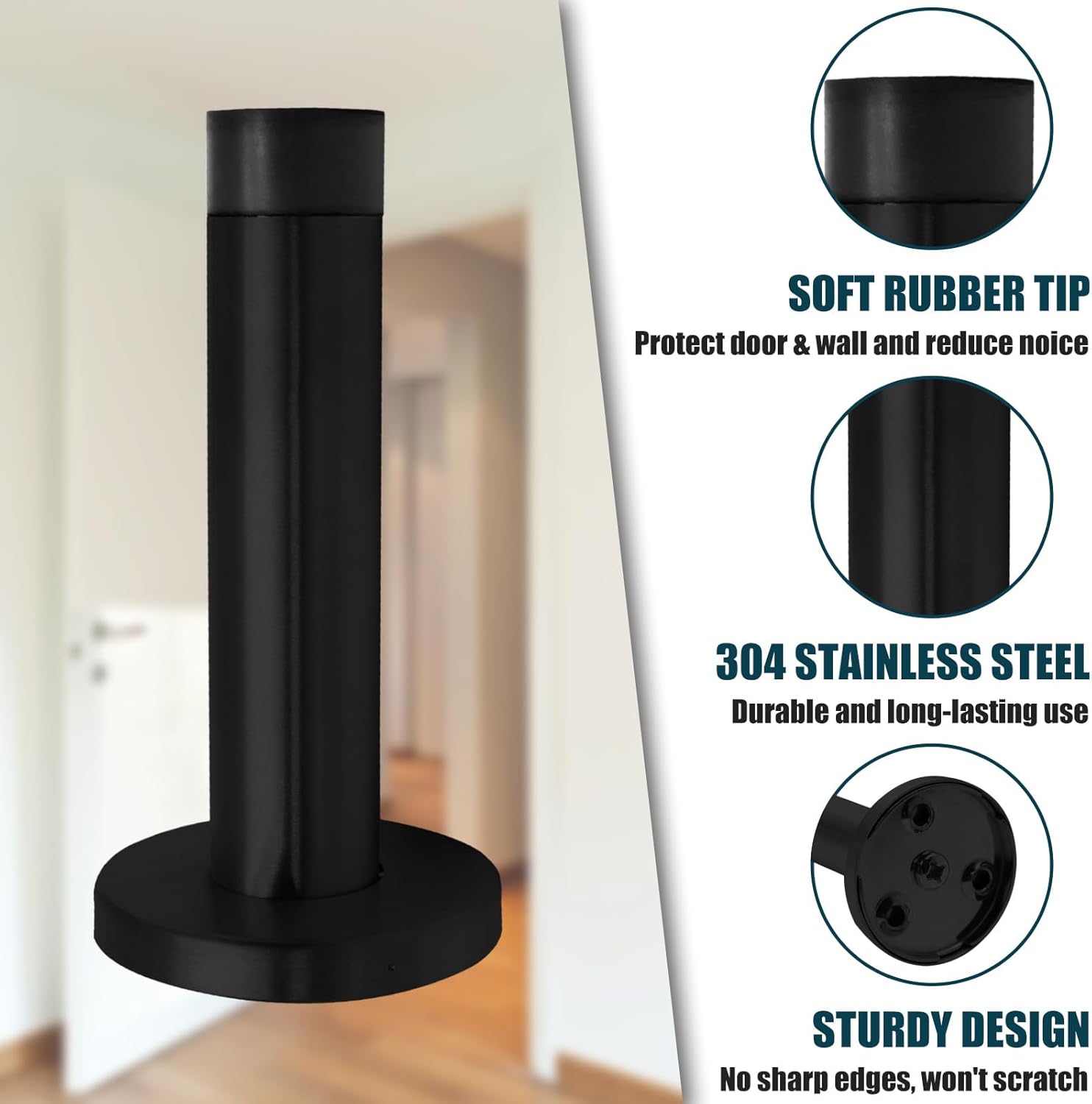 2 Pack 3.5 Inch Stainless Steel Door Stops Bumper Sound Dampening Door Stoppers with Soft Rubber Tip Wall Door Protector, Black - Image 4