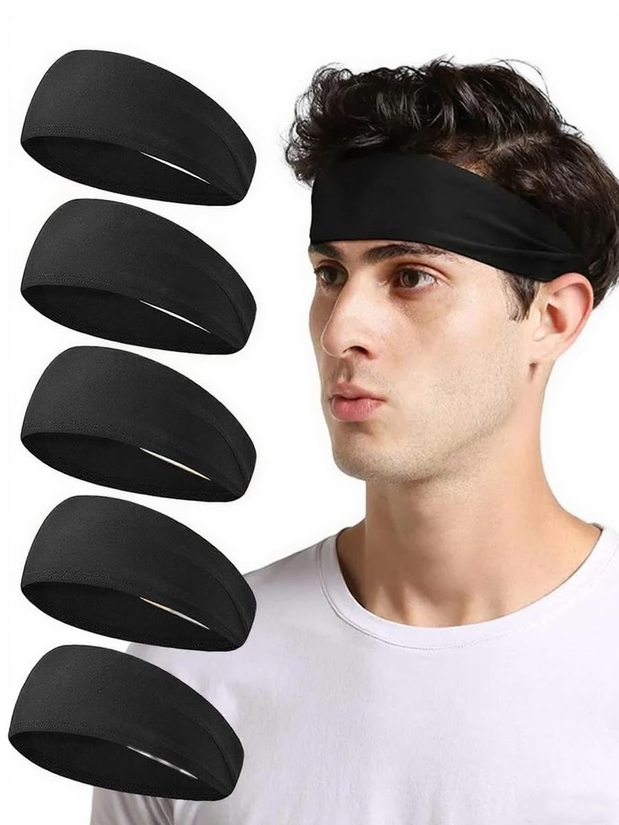 5-Pack Men’s Headbands for Sports – Sweat Absorbent Workout Headwraps, Non-Slip Gym Headbands for Running, Yoga & Training(Black) - Image 1