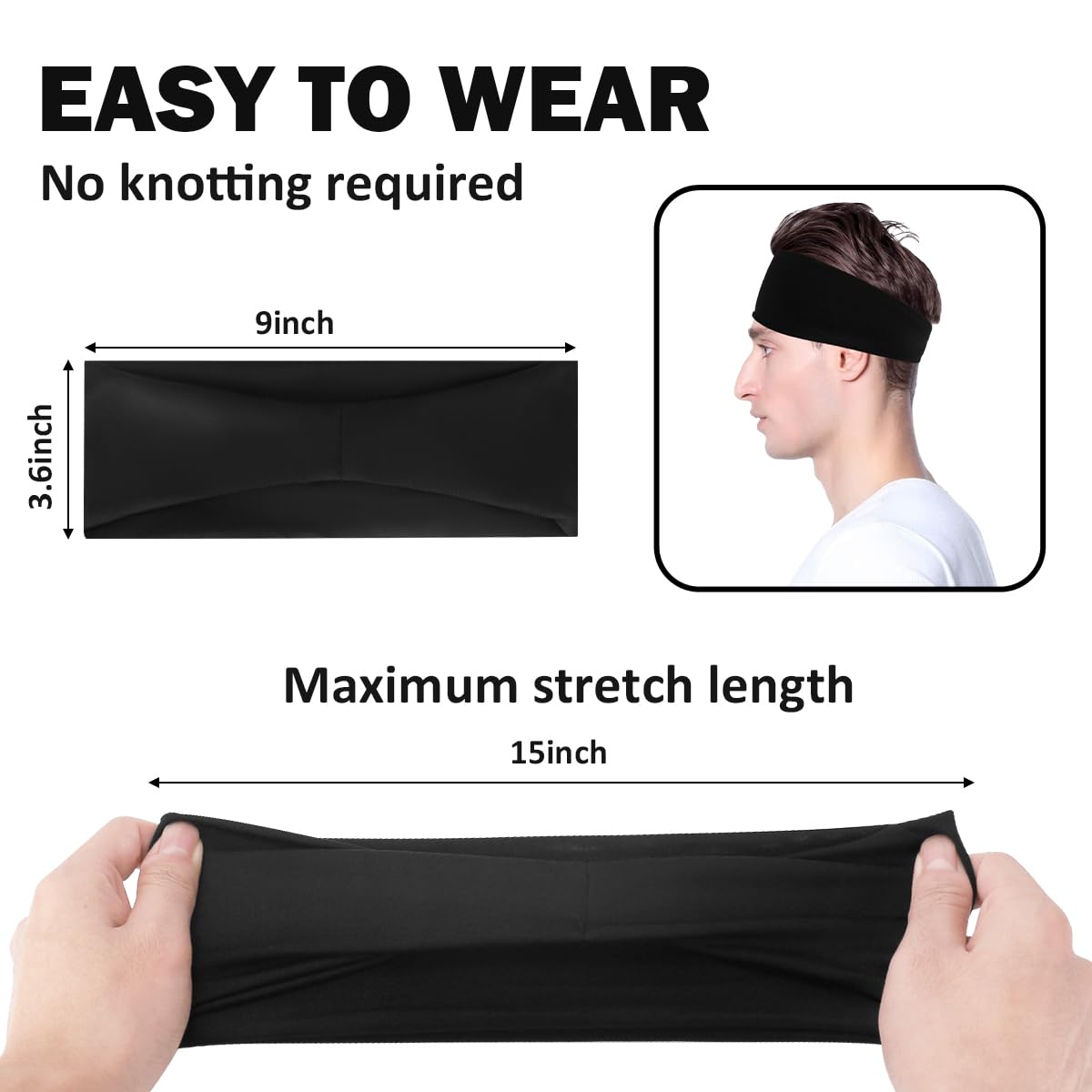 5-Pack Men’s Headbands for Sports – Sweat Absorbent Workout Headwraps, Non-Slip Gym Headbands for Running, Yoga & Training(Black) - Image 2