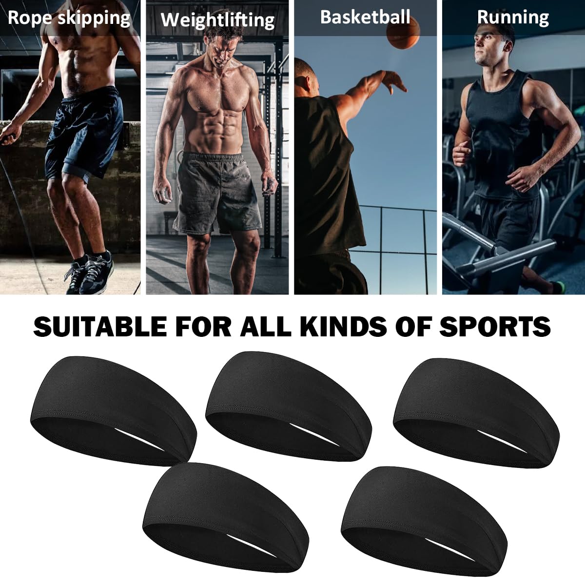 5-Pack Men’s Headbands for Sports – Sweat Absorbent Workout Headwraps, Non-Slip Gym Headbands for Running, Yoga & Training(Black) - Image 3