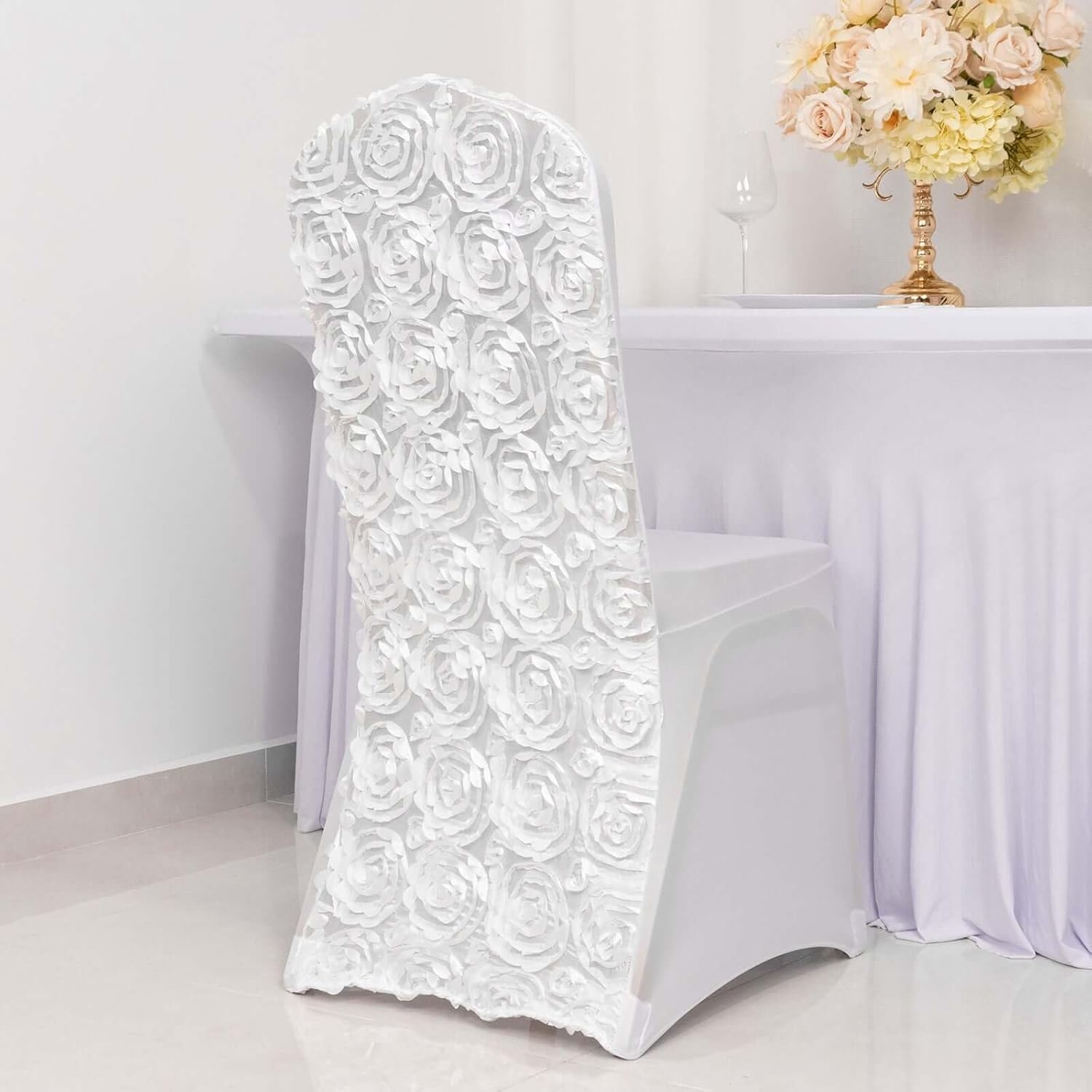 Efavormart Satin Rosette White Stretch Banquet Spandex Chair Cover Dinning Event Slipcover for Wedding Party Banquet Catering - Image 1