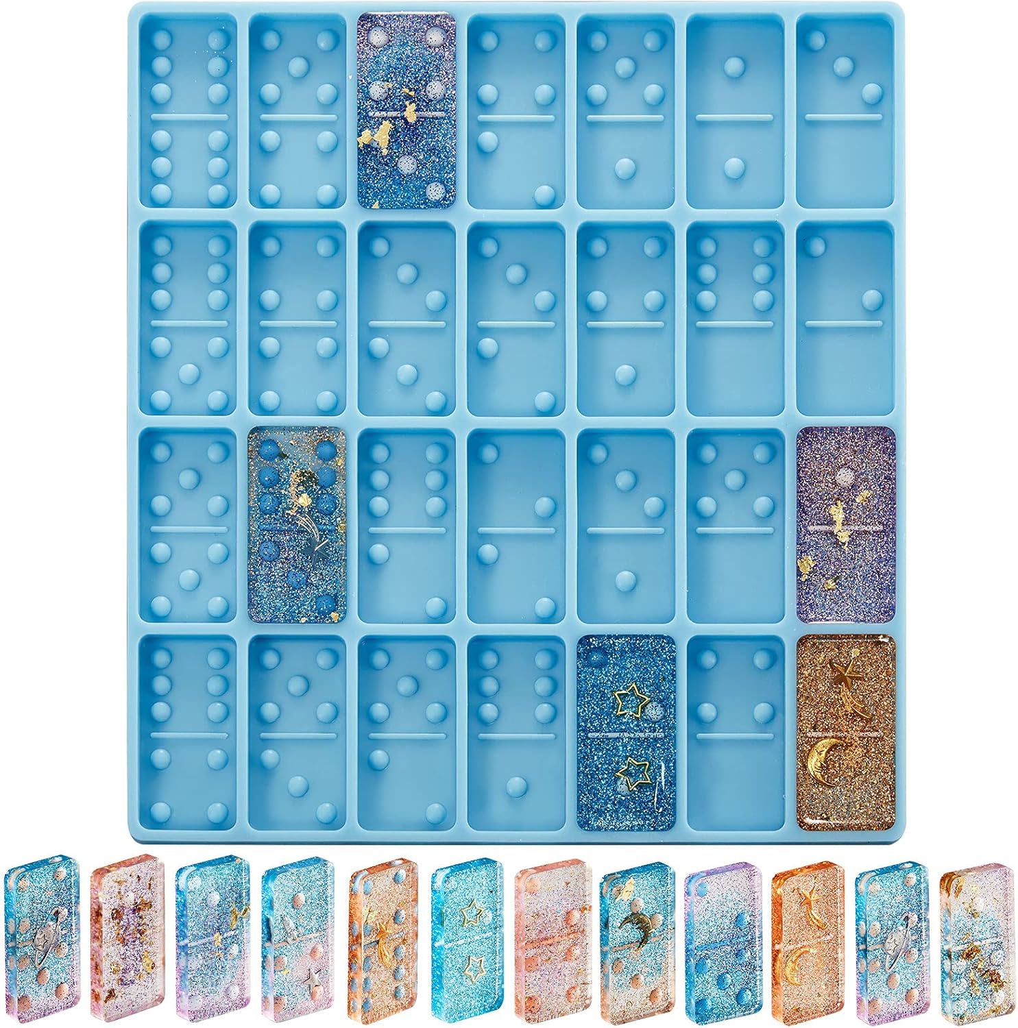 Domino Mold for Resin Domino Mold for Epoxy Candy Clay Chocolate Mould 28 Cavities Silicone Mould Pendant Epoxy Cake Jewelry Making Tool(Classical,Blue) - Image 1