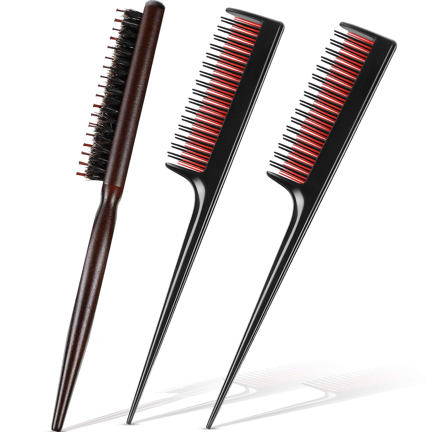 3 Pcs Hair Teasing Comb Set Includes 2 Nylon Triple Comb and Boar Bristle Teaser Brushes for Women Stylist Men Backcombing Slicking Curly Thick Wet Hair(Black) - Image 1