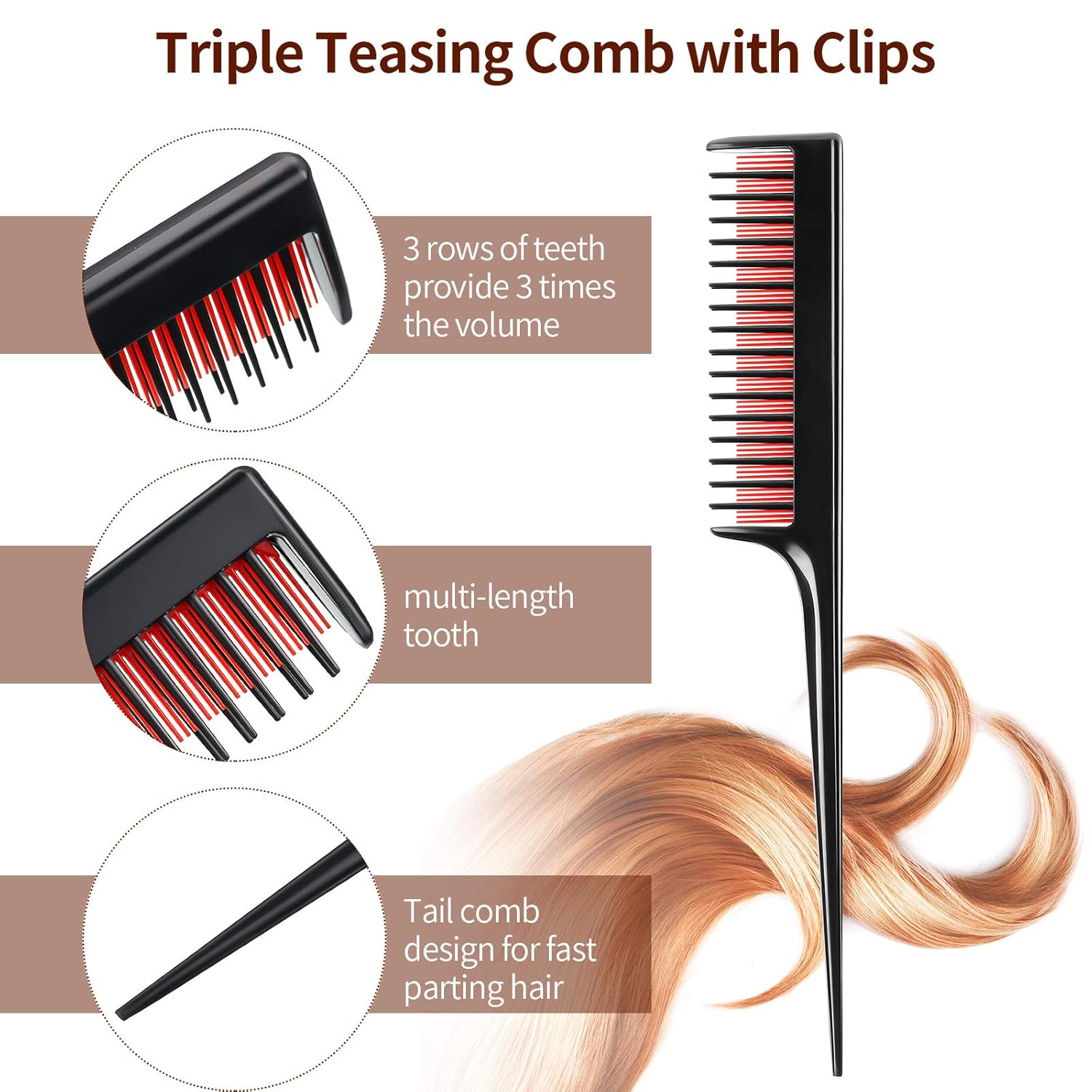 3 Pcs Hair Teasing Comb Set Includes 2 Nylon Triple Comb and Boar Bristle Teaser Brushes for Women Stylist Men Backcombing Slicking Curly Thick Wet Hair(Black) - Image 3