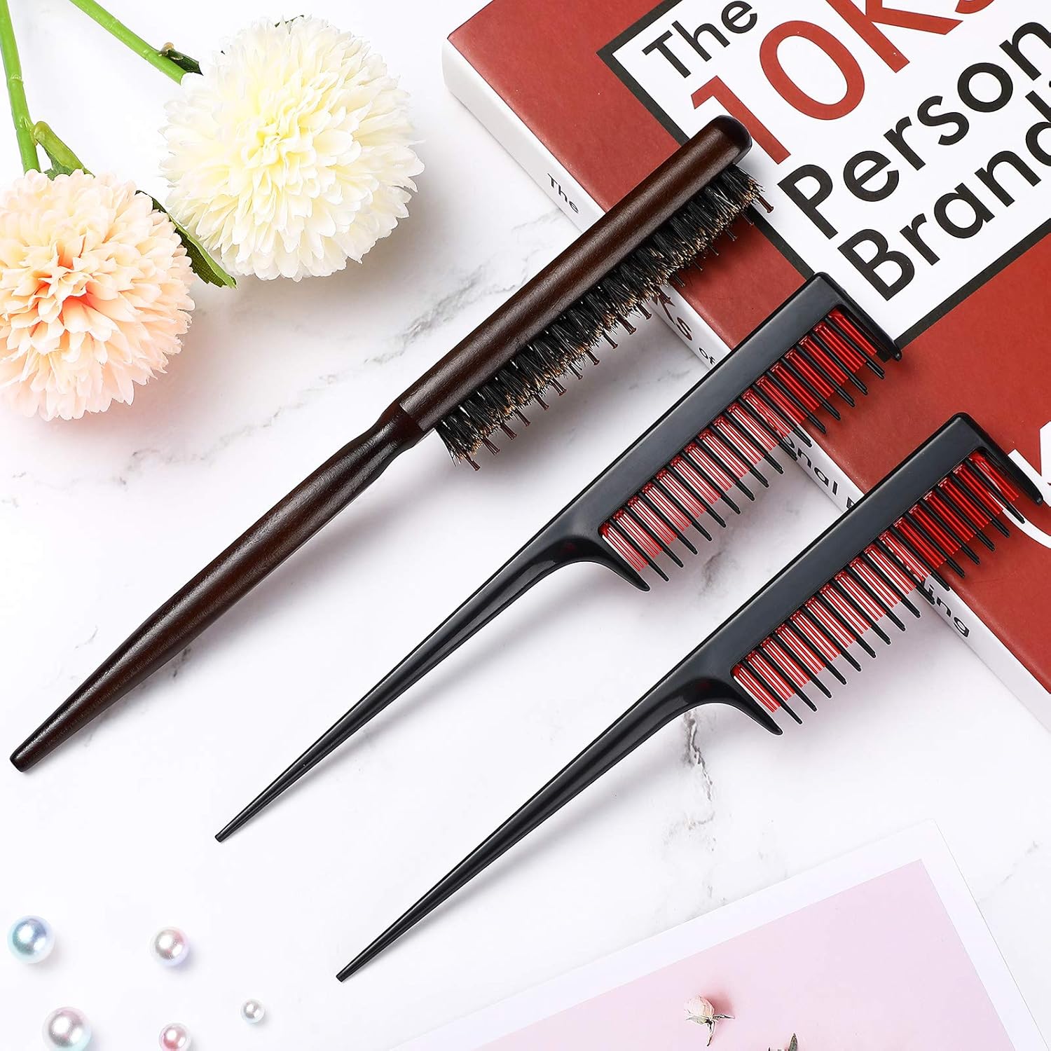 3 Pcs Hair Teasing Comb Set Includes 2 Nylon Triple Comb and Boar Bristle Teaser Brushes for Women Stylist Men Backcombing Slicking Curly Thick Wet Hair(Black) - Image 6